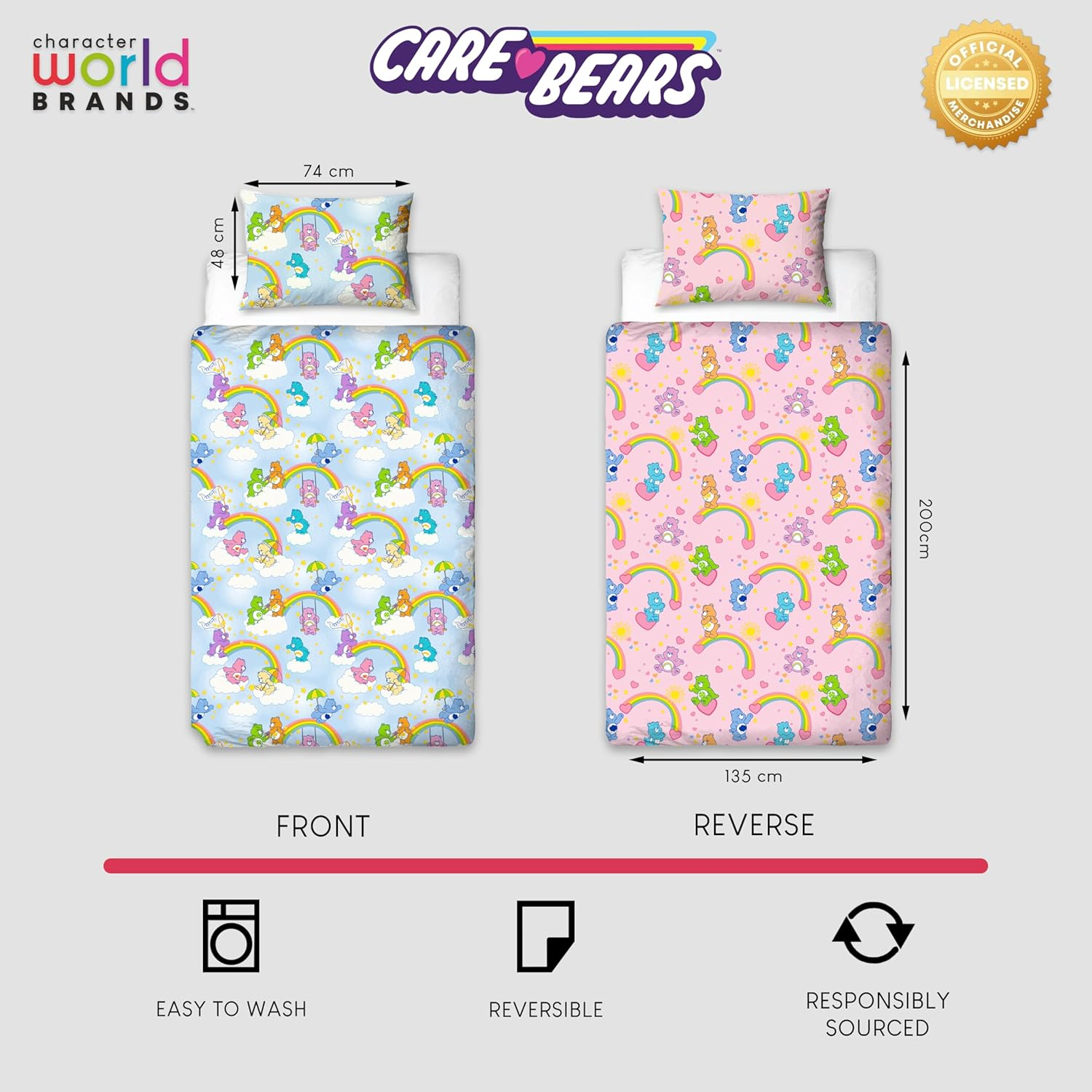 Care Bears Officially Licensed Sunshine Design Single Duvet Cover Set | Reversible 2 Sided Bedding Including Matching Pillow Case | Perfect for Kids Bedroom | Polycotton