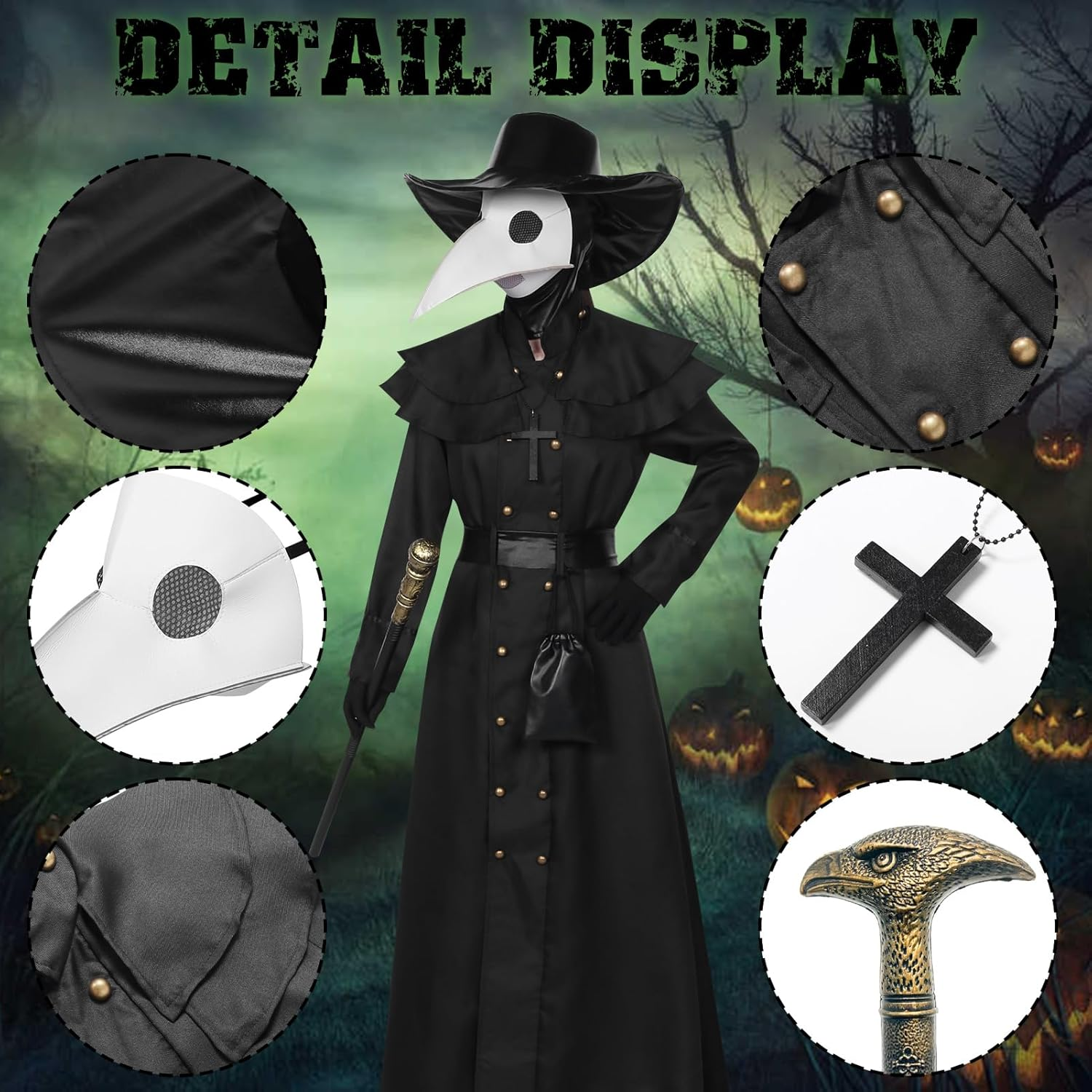Plague Doctor Costume Set Halloween Props Medieval Monk Priest Renaissance Cosplay Mask Cloak Robe Cane Hat image number 3