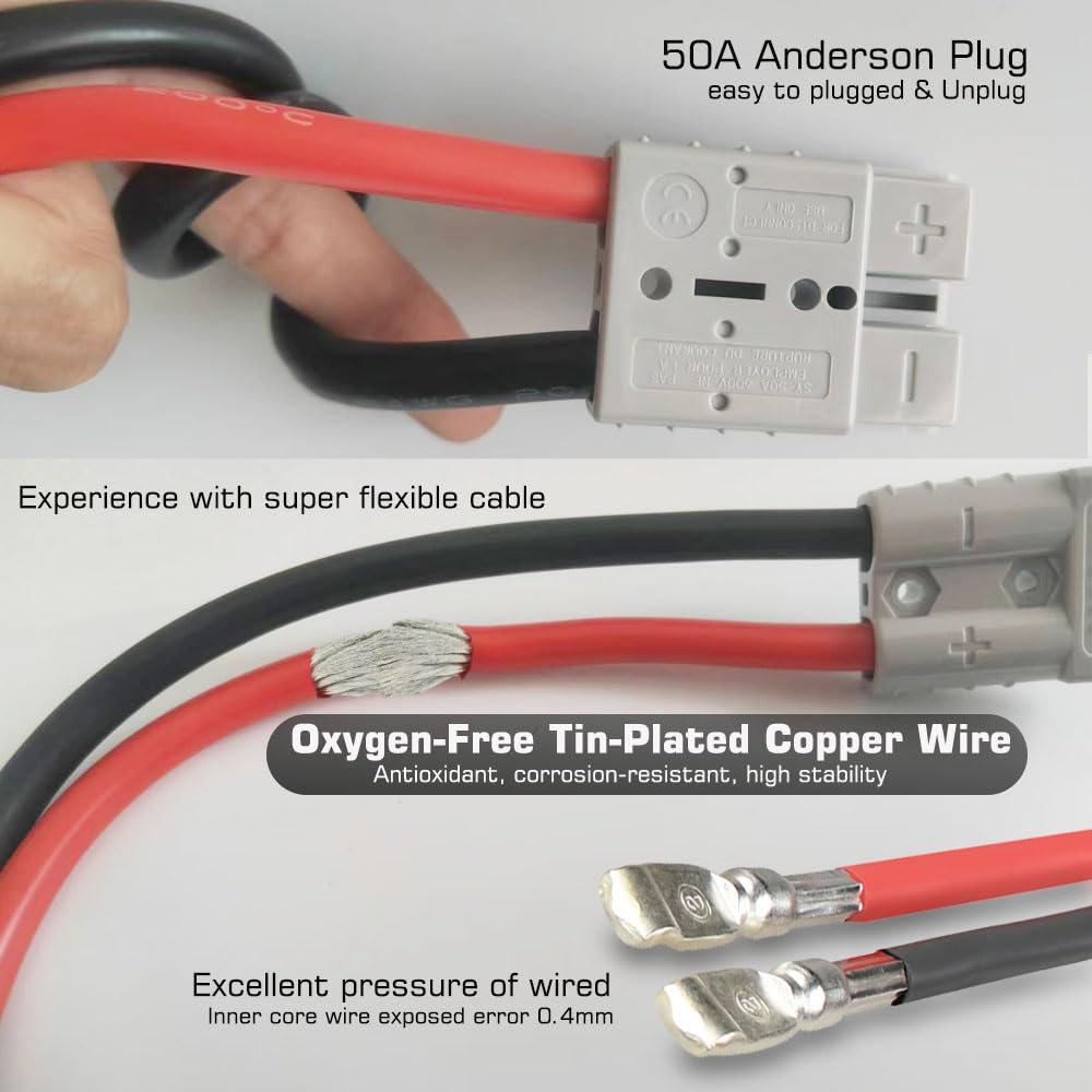 Ultra Soft 6AWG 50A Anderson Connector to Battery Terminal Cable,30Cm for Tractors Trailers,Solar,Rv,Battery Box (Ad-8Mm Eyelets-2Cable) image number 2