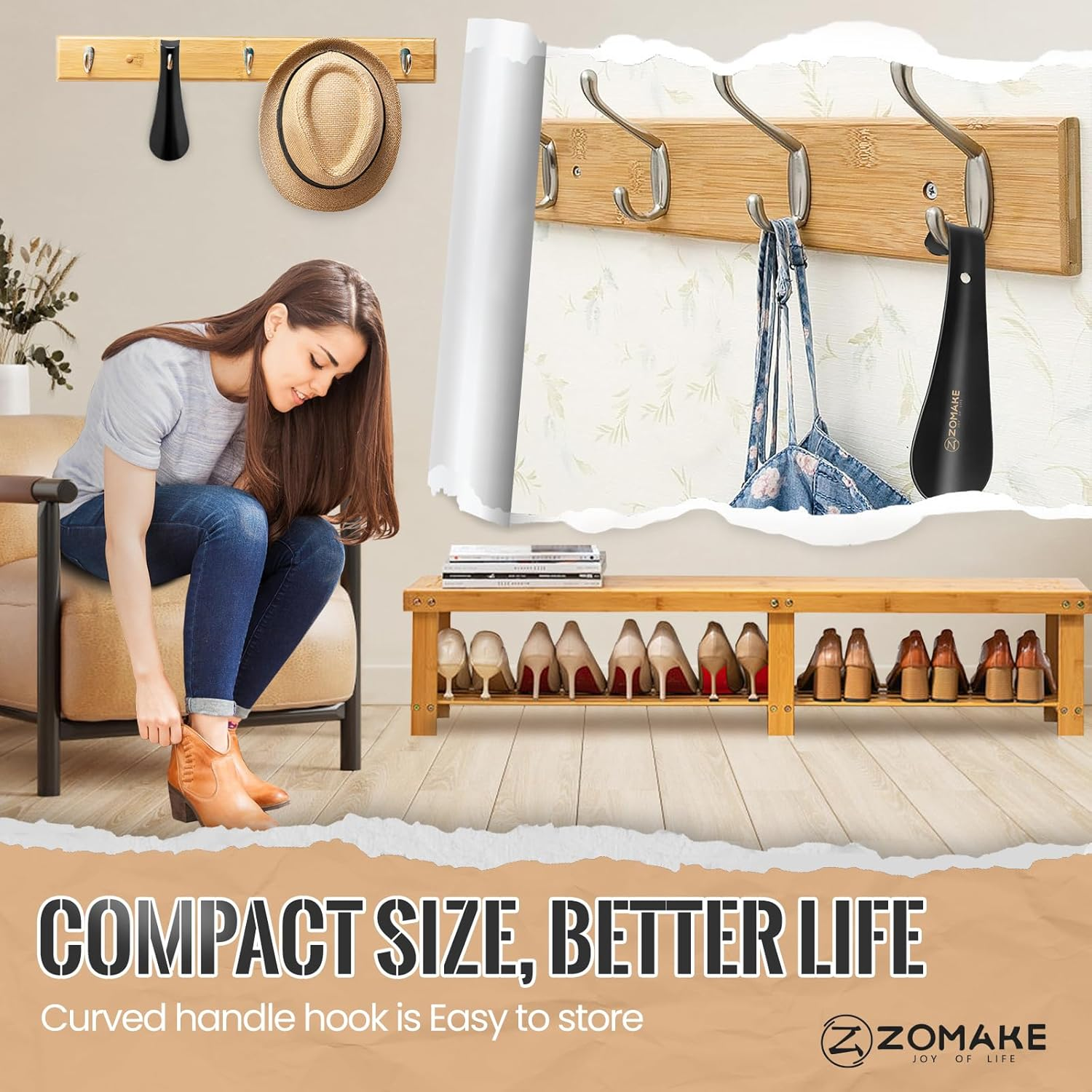 ZOMAKE Metal Shoe Horn Small Shoehorn 5.9 Inch - Travel Shoe Horns Stainless Steel Shoehorns Comfortable Handle with Hook for the Elderly Kids Men Women - Black/1Pcs image number 6