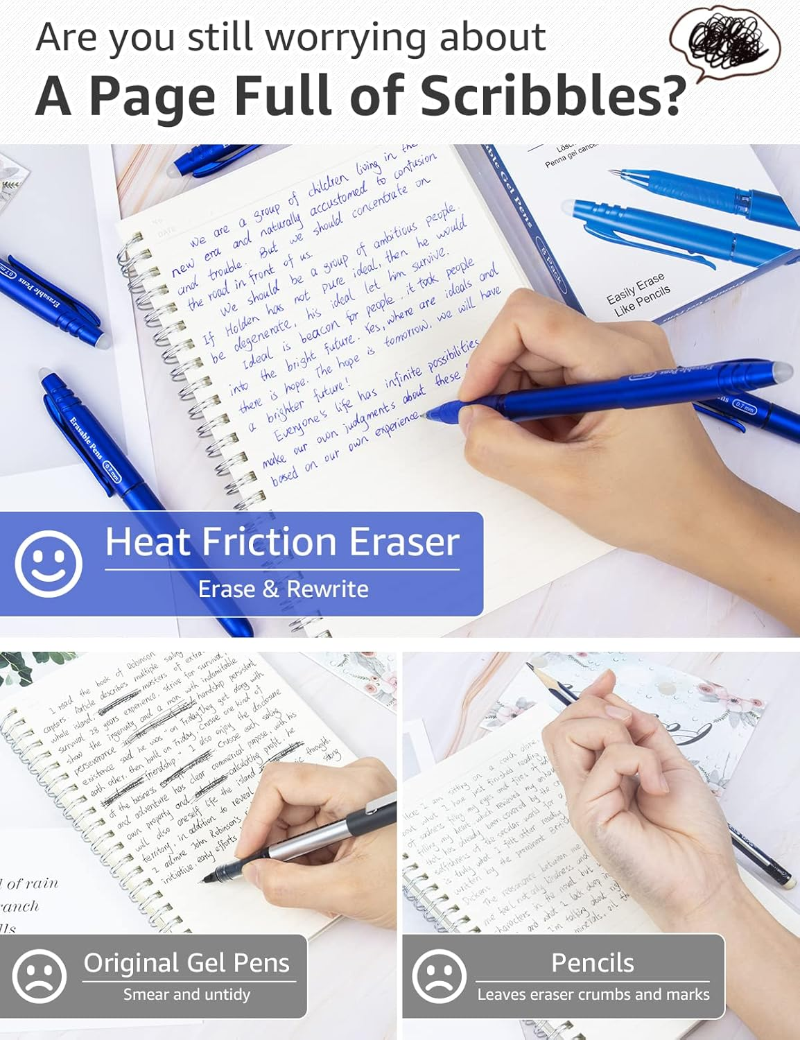 JR.WHITE Erasable Gel Pens - 8 Rubber Tip Pens, Fine 0.5Mm Erasable Pen for School, Office & Stationery Supplies (8 Blue)