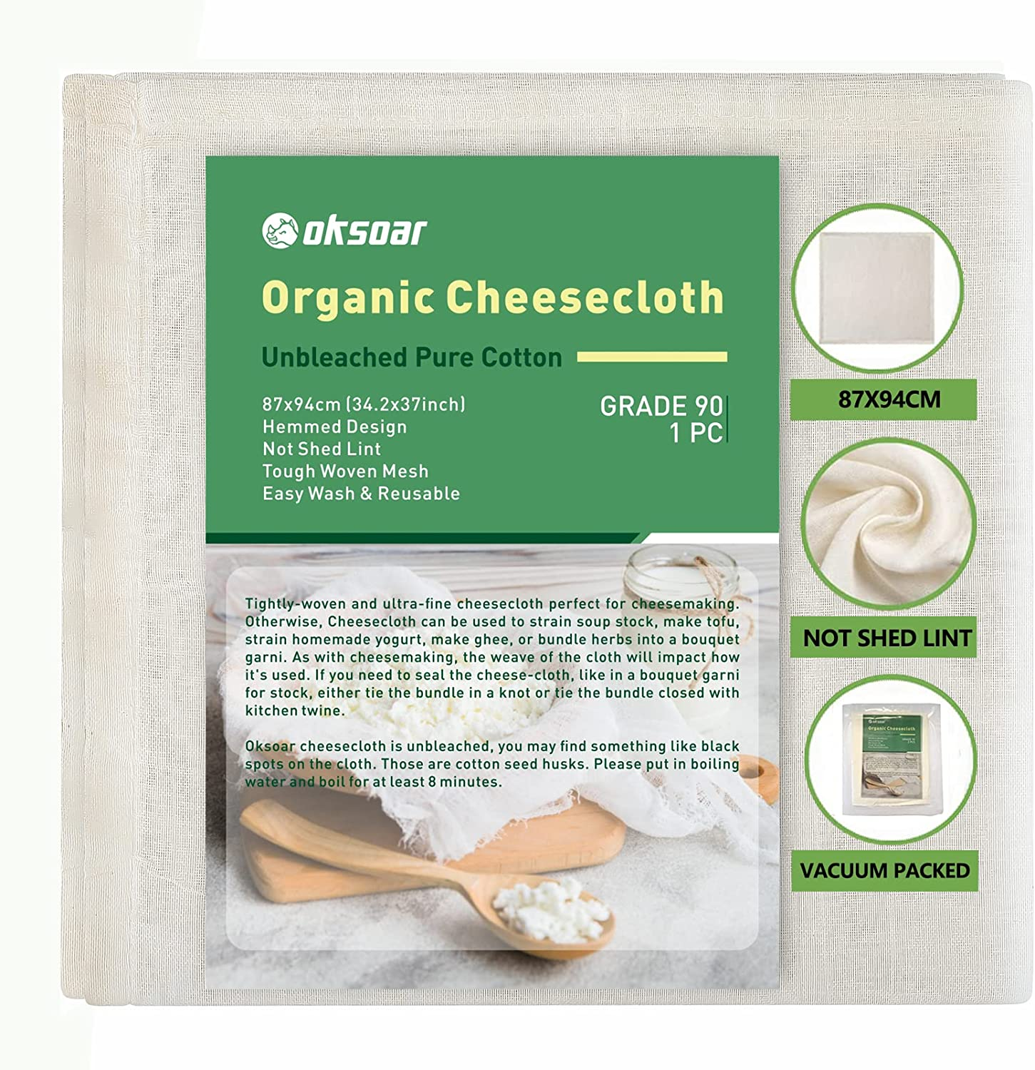 Cheesecloth Grade 90 20X20Inch Hemmed 100% Unbleached Cotton Reusable Ultra Fine Cheese Cloths for Straining Cooking Brewing Coffee Tea Cheesemaking and Baking as Strainer Filter - 50X50Cm2Pcs