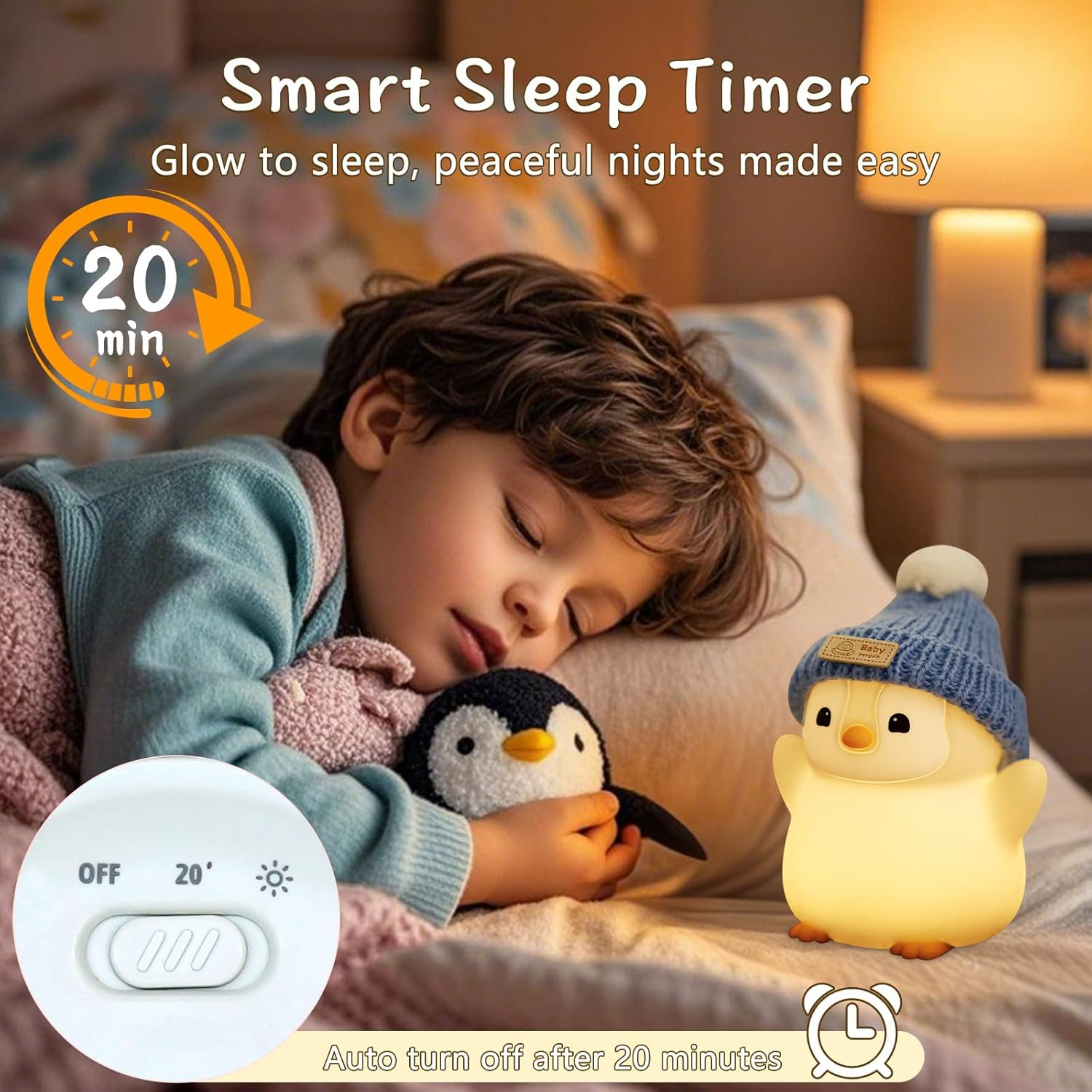 FAMIDUO Penguin Night Light for Kids, Adorable Penguin Lamp with Hat, Food Grade Silicone Nursery Nightlight, Rechargeable/Dimmable/Timer,Led Squishy Novelty Animal Bedside Lamp,Funny Gifts for Boys image number 1
