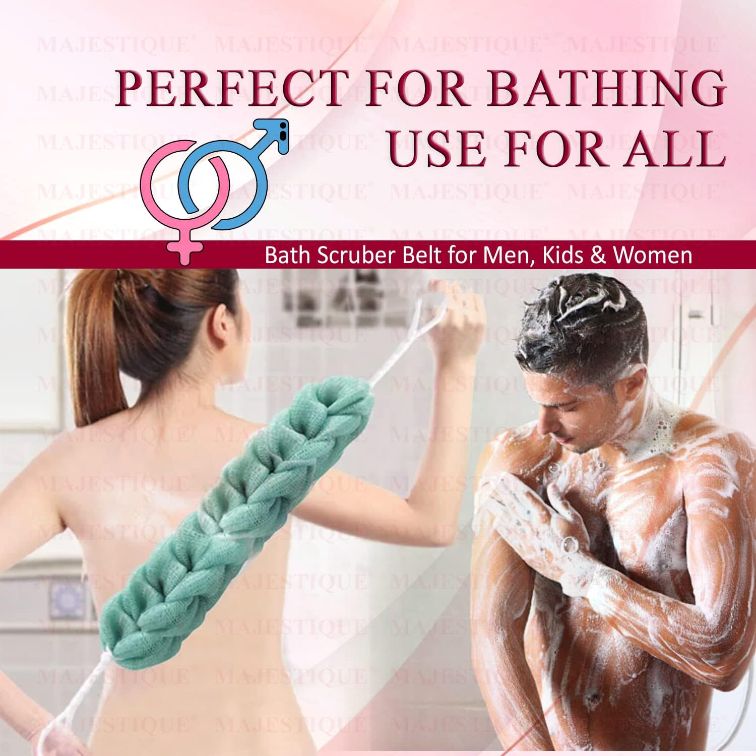 Majestique Mesh Bath Belt Long Bath Loofah Stretchable Braided Mesh Exfoliating Back Scrubber Body Shower Sponge -Random Colors Value Pack Best for Men and Women (Pack of 2) image number 6