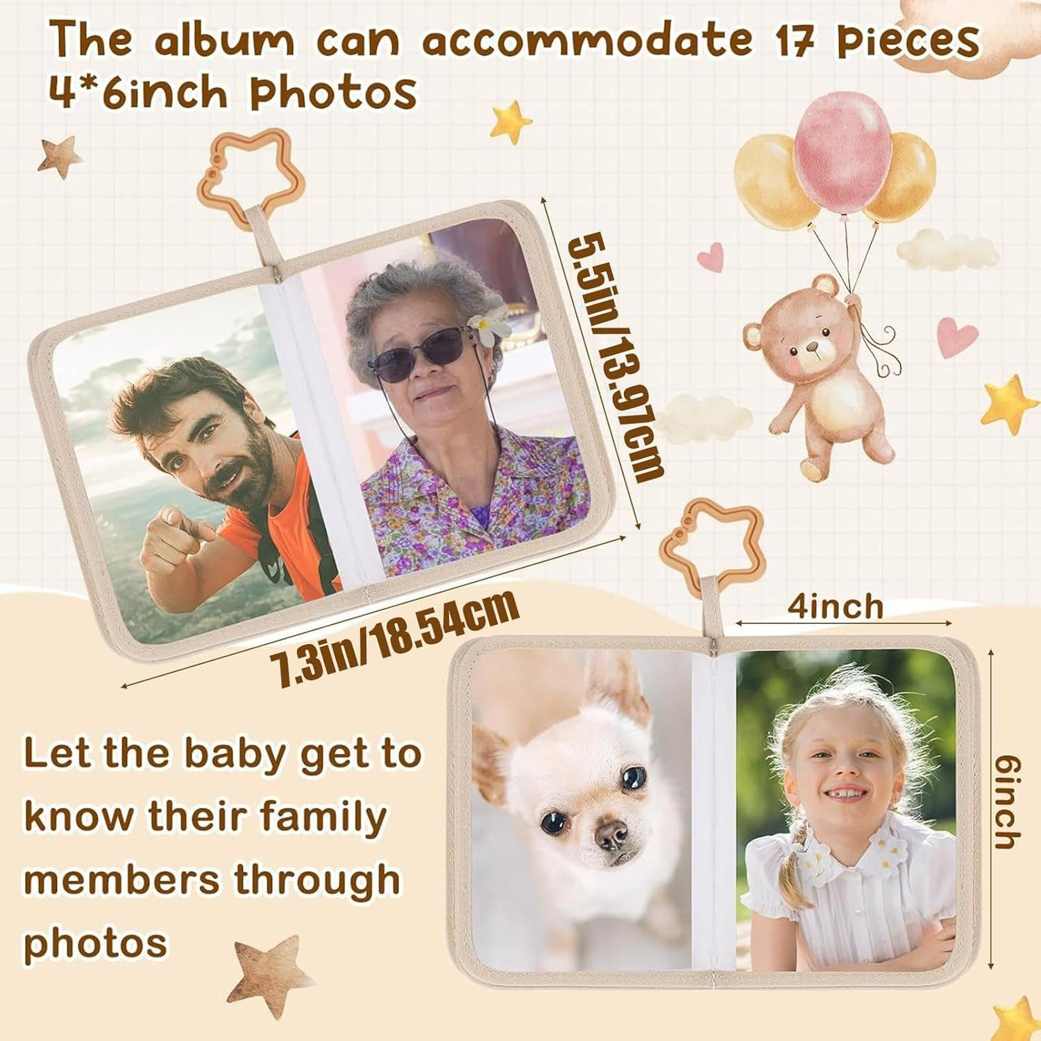 Toddler First Family Album | Cloth Book Family Album for Toddler | Bear Theme Memory Book Holds 17 Pictures Educational for Bedroom Travel Cribs Strollers image number 2