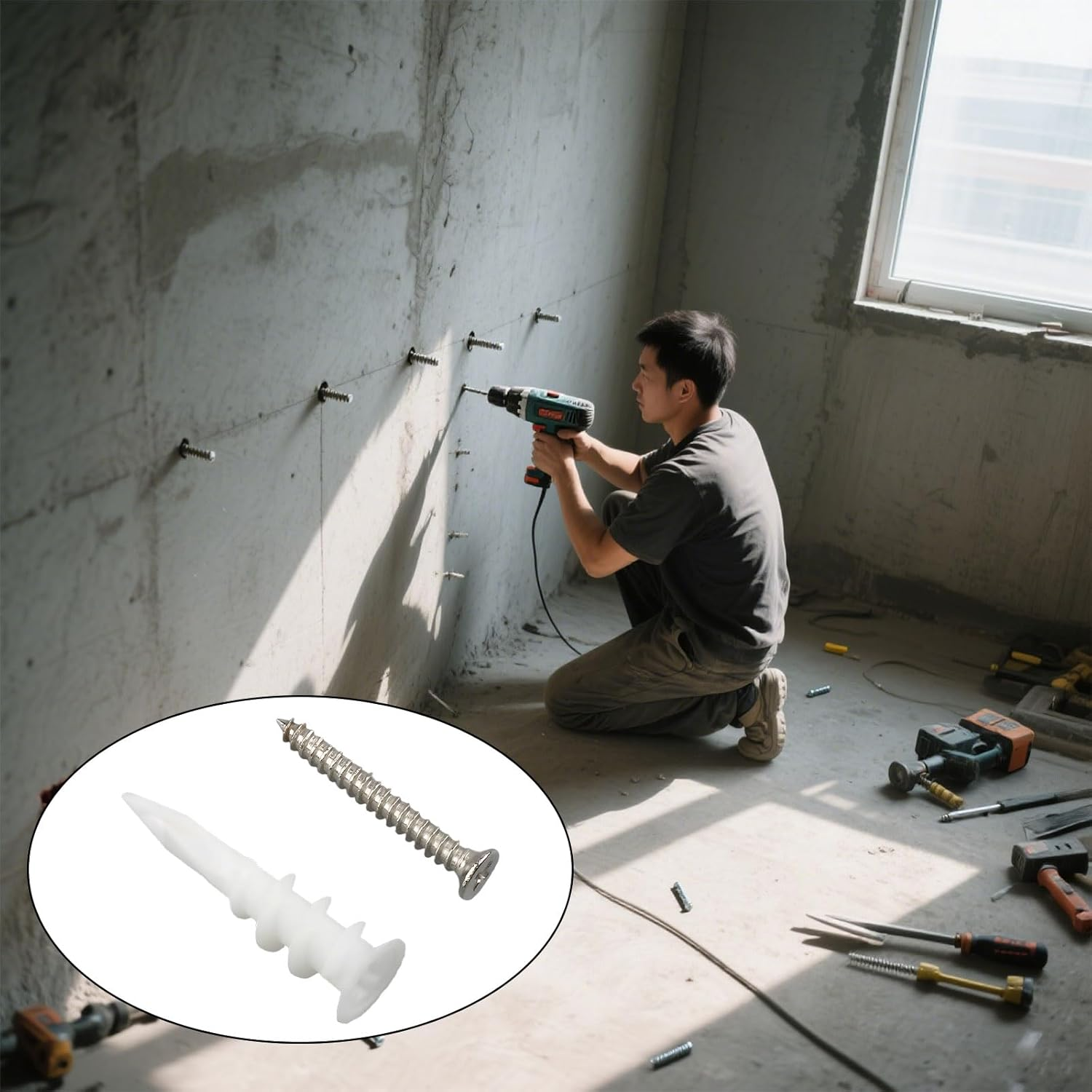 100 Pcs Drywall Anchor, Gypsum Board Wall Anchors and Screws, Threaded Plastic Gypsum Board Anchor Bolt Kit, Hardware Accessories Expansion Plug Rubber Particles, Suitable for Gypsum Board image number 6