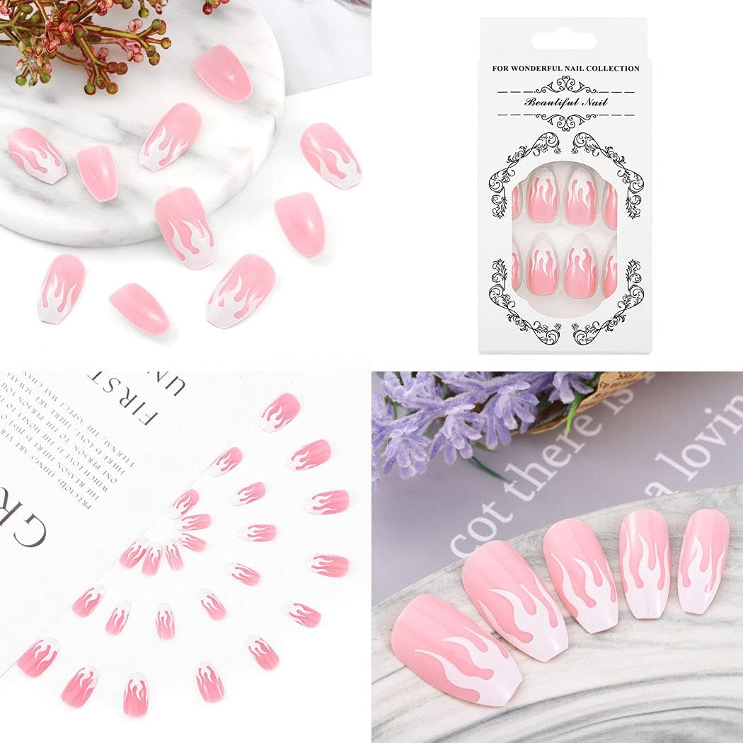 Sethexy Flame False Nail Medium Ballerina False Fingernails Pink Press on Nails Pack of 24 Shiny Acrylic Nails for Women and Girls image number 1