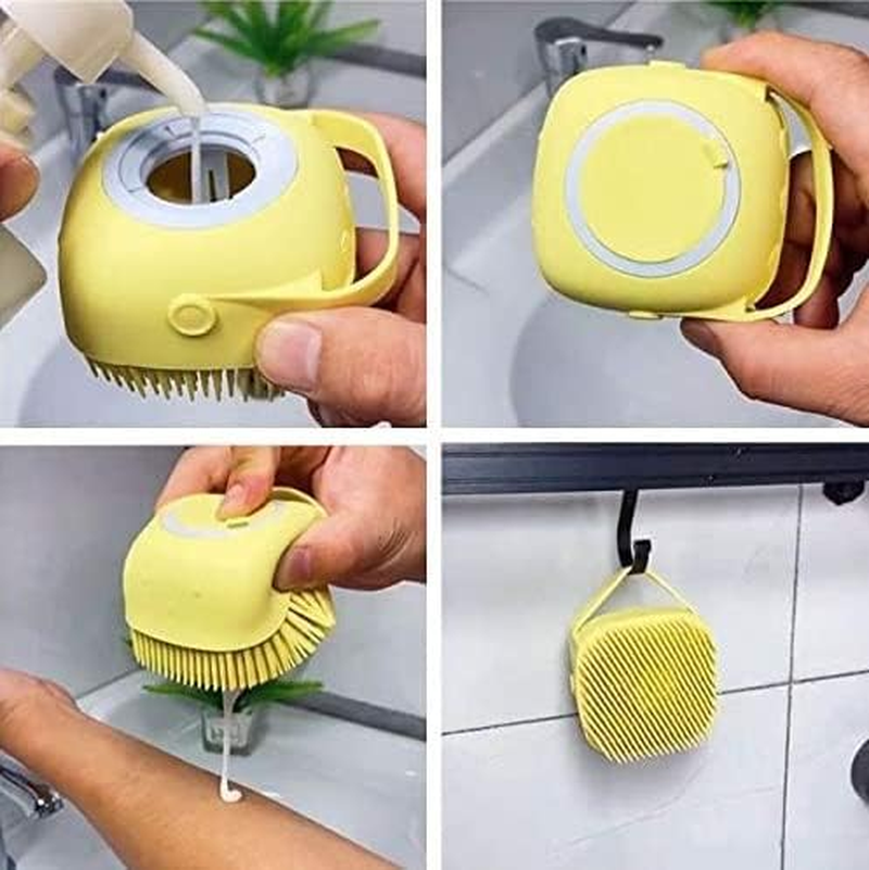 KOMUNJ Dog Cat Bath Brush, Pet Grooming Soothe Massage Brush, with Shampoo Dispenser Soft Silicone Bristle, for Short Haired Dogs Cats Shower