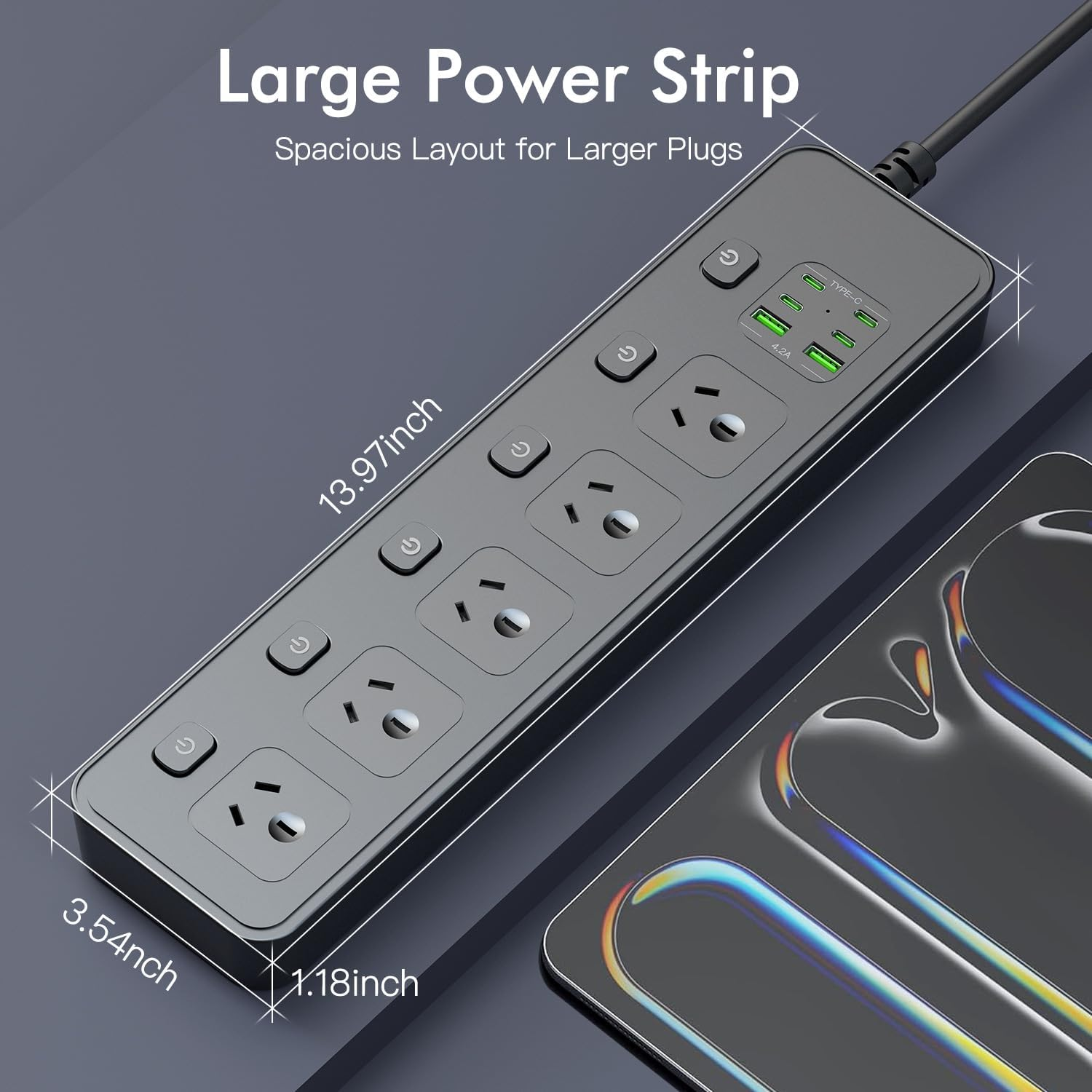 Power Board Individual Switches, 3M Extension Cord Power Strip with 5 AC Outlets, 2 USB a and 4 USB C PD30W Super Fast Charging, Wall Mount Surge Protector for Home Office Dorm (Black, 3M) image number 2