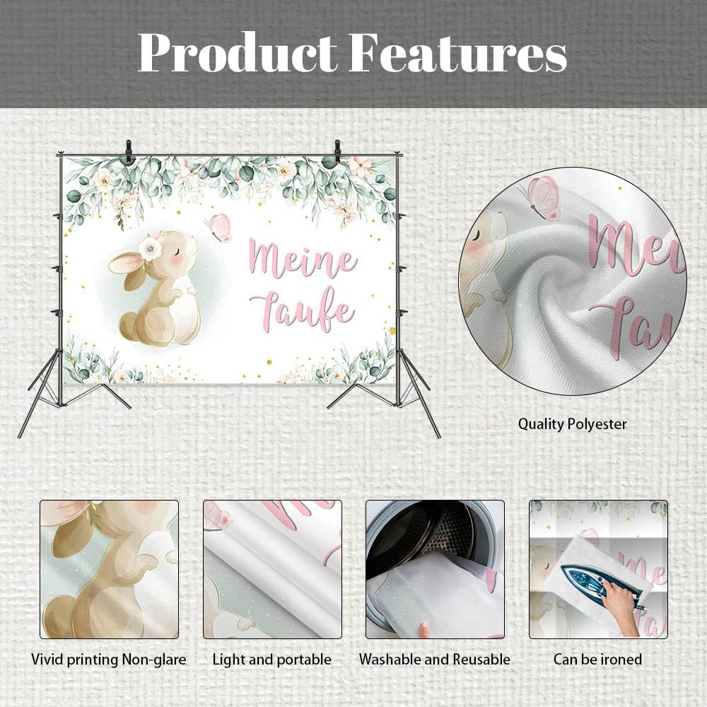 MEHOFOND 2.1 X 1.5 M My Christening Background Rabbit Butterfly Eucalyptus Leaves Flowers Background Boys Girls Newborn Baby Shower First Communion Christening Party Banner Photo Props image number 2