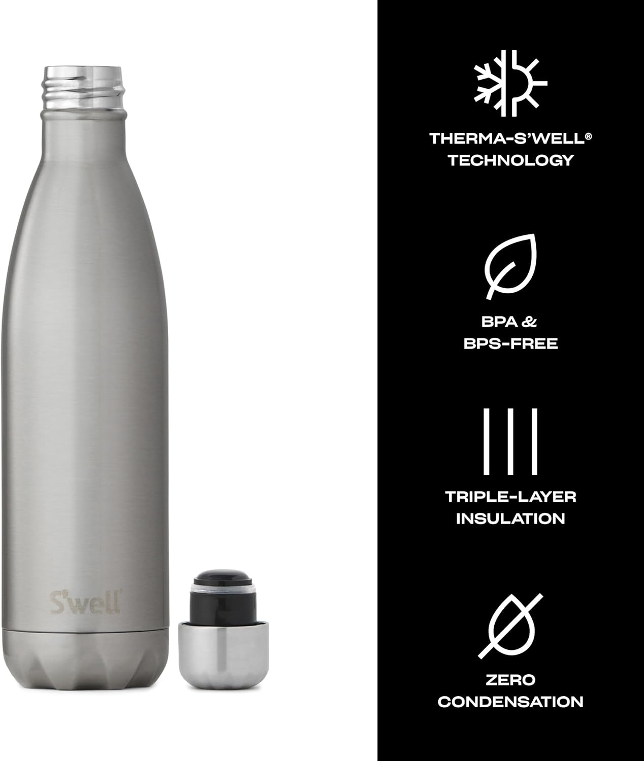 S'Well Stainless Steel Water Bottle, 25Oz, Silver Lining, Triple Layered Vacuum Insulated Containers Keeps Drinks Cold for 48 Hours and Hot for 24, BPA Free, Perfect for on the Go image number 2