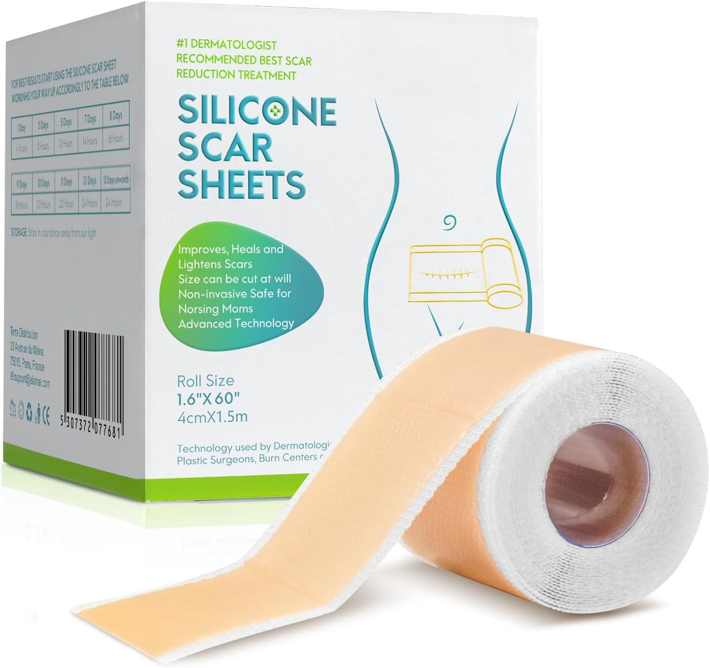 Silicone Scar Sheets(1.6&rdquo; X 60&rdquo;Roll-1.5M), Silicone Scar Tape Roll, Reusable Scar Silicone Strips, Professional Scar Removal Sheets for C-Section, Surgery, Burn, Keloid, Acne image number 4