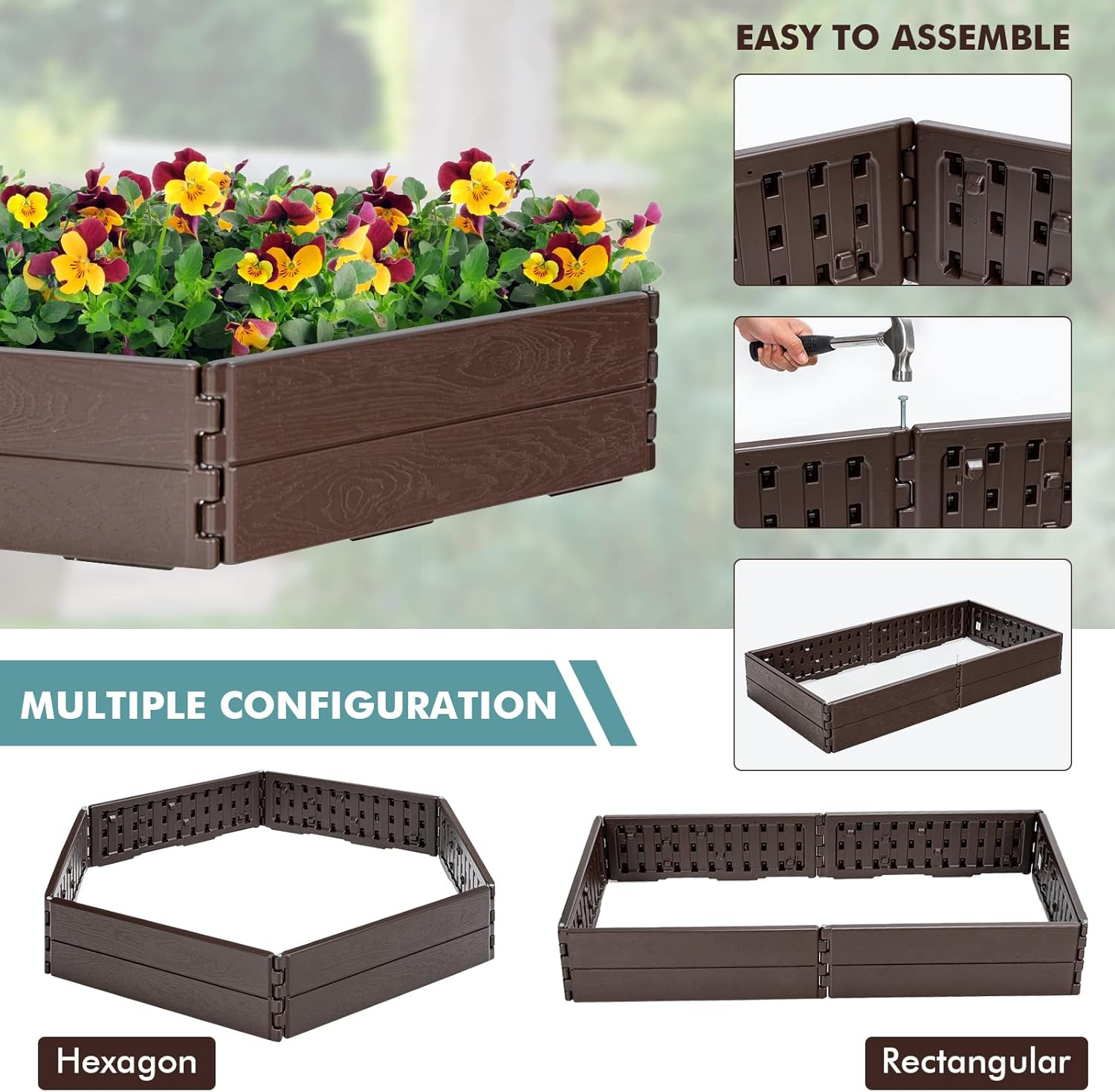 Costway HDPE Raised Garden Bed, Outdoor above Ground Garden Planter W/ 2 Configurations of Rectangular & Hexagon, Easy-Setup Gardening Bed W/Metal Stake, Open Base, Resist Weather, for Garden, Patio image number 5