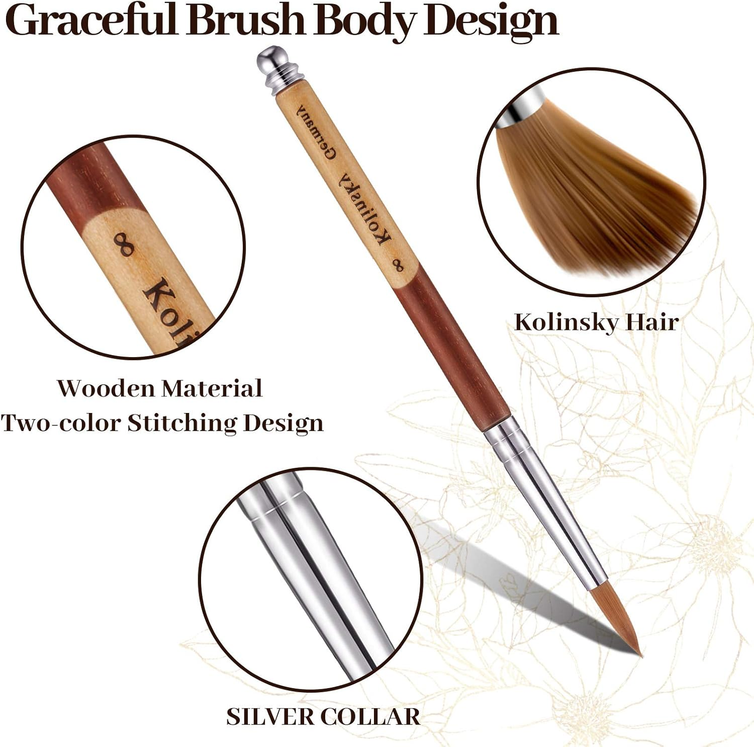 3 Pieces Kolinsky Acrylic Nail Brush Sable Nail Art Liner Brush Soft Nail Brushes for Acrylic Nails with Wooden Handles for Acrylic Application Liquid Styling Nail Art Manicure, Size 8, 10, 12