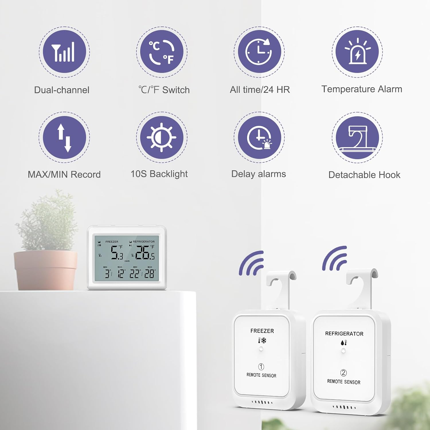 Digital Fridge Thermometer, Refrigerator and Freezer Thermometer with 2 Sensors, Indoor Thermometer with Backlight, Min/Max Record, Alarm, Room Thermometer for Home, Restaurant, Cellar, Bar image number 6