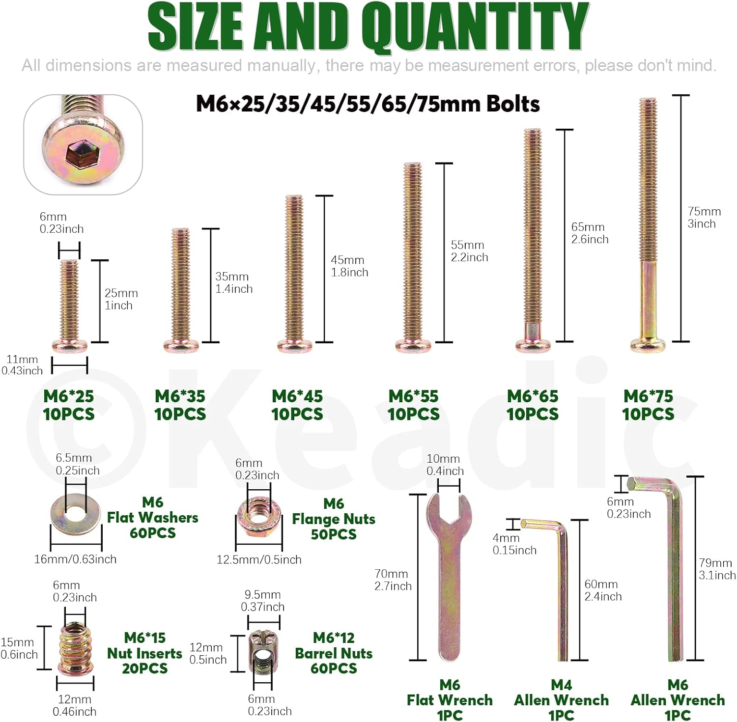 Keadic 253 Pcs M6 X25/35/45/55/65/75Mm Zinc Plated Hex Socket Head Cap Bolts Barrel Nuts Flat Washers with Tools, M6 Crib Hardware Screws Assortment Kit for Chairs Bed Cot Furniture (25-75Mm) image number 5