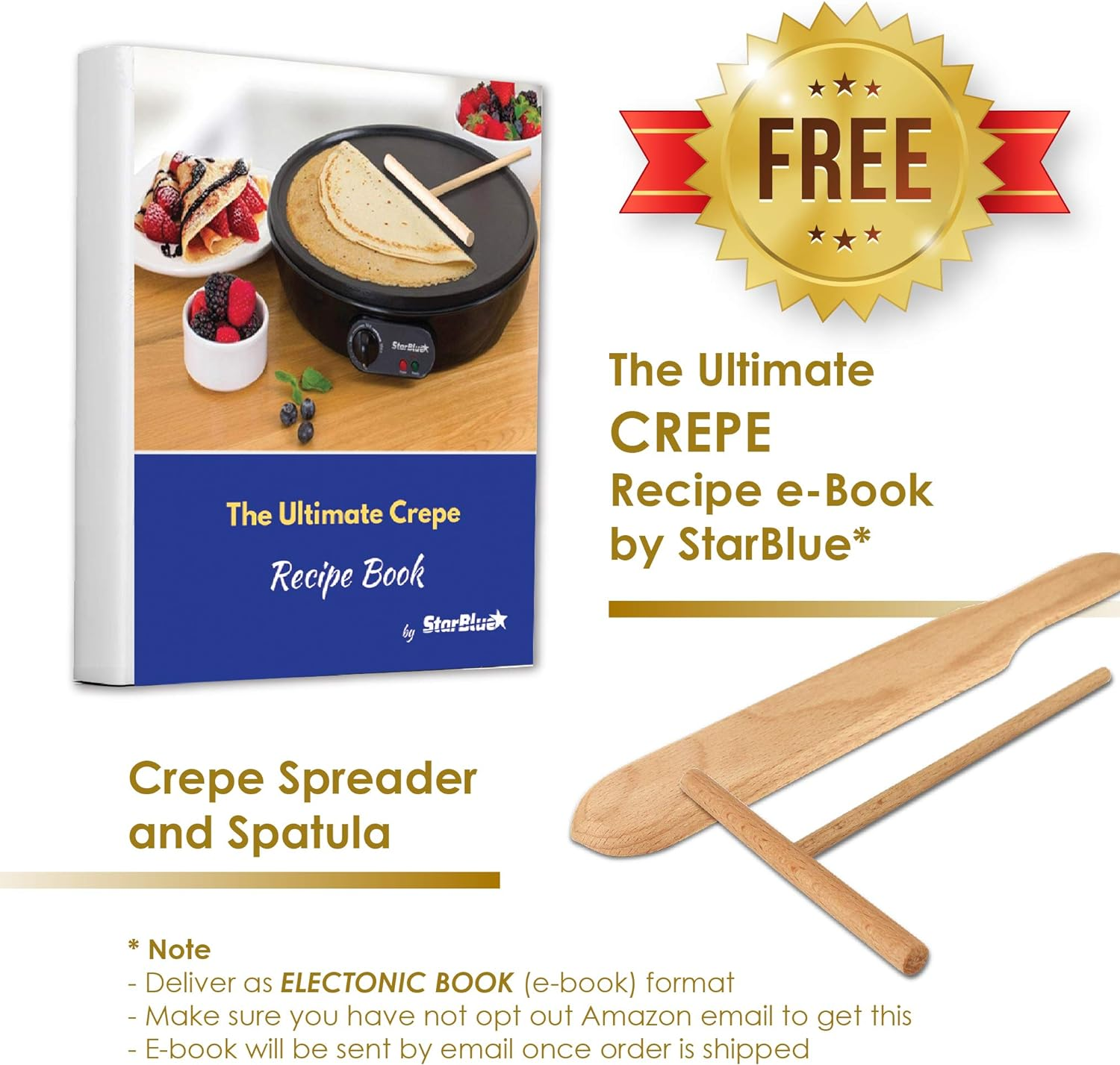 30.5Cm Electric Pancake & Crepe Maker by Starblue with FREE Recipes E-Book and Wooden Spatula - AC 220-240V 50/60Hz 1000W, UK Plug, Australia Adapter Included image number 2