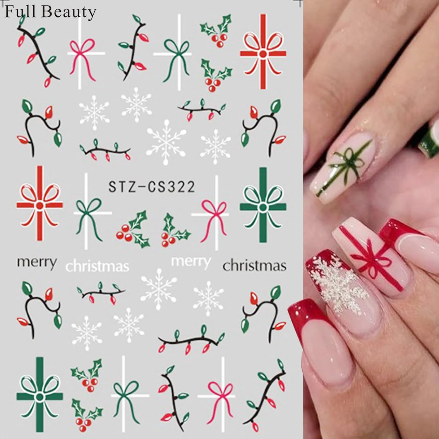 6 Sheets Christmas Design Nail Art Stickers 3D Self-Adhesive Designer Nail Decals Colorful Bow Reindeer Gingerbread Man Snowflake Nail Decoration DIY Manicure Tips for Women Girls (Merry Christmas) image number 4