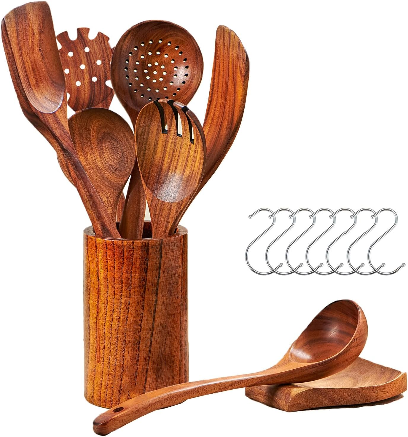 10 Pcs Wooden Cooking Utensils Set, Wooden Spoons for Cooking - Teak Wooden Utensil Set with Holder, Spoon Rest & Hooks - Sturdy, Lightweight and Heat-Resistant image number 5