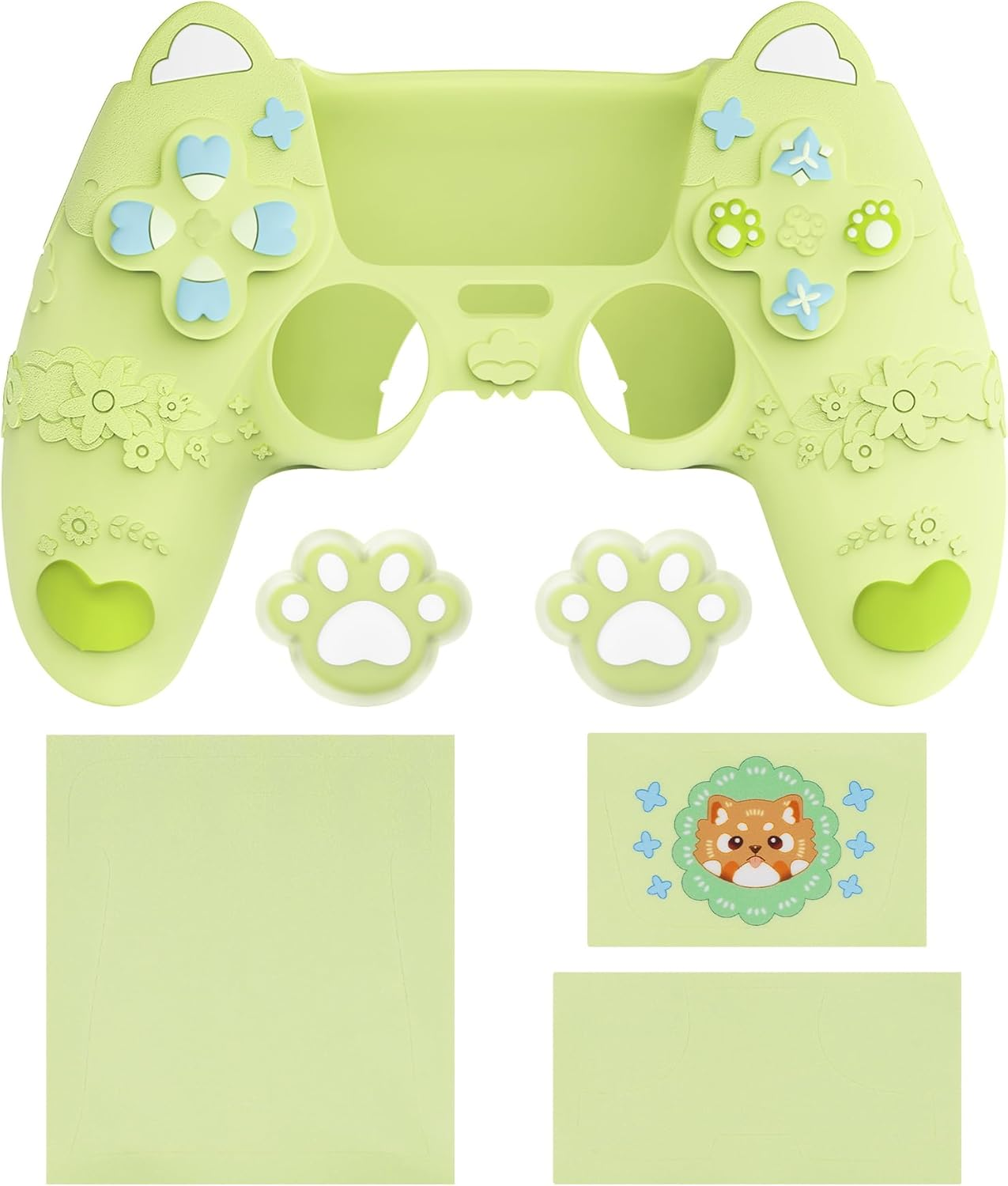 Playvital Cute Spring Lesser Panda Silicone Cover for Ps5 Controller with Joystick Cap and Sticker, Anti-Grip Shockproof Skin, Compatible with Charging Station, Eustoma Green image number 3
