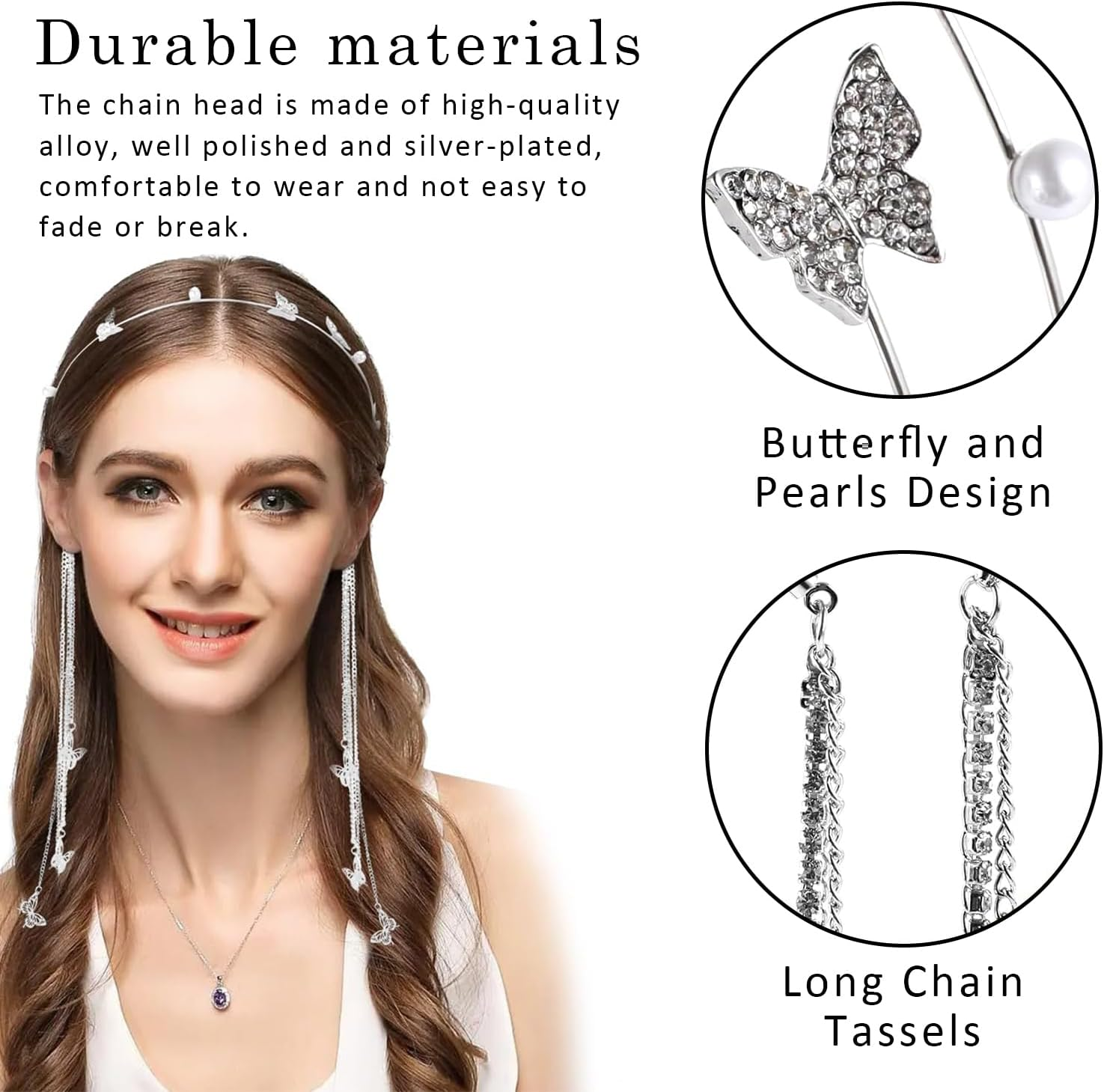 Wedding Butterfly Headband, Chain Silver Tassel Hair Hoop, Crystal Tassel Headband, Vintage Decorative Hair Hoop, Butterfly Crystal Headpiece, for Bride Girls Women