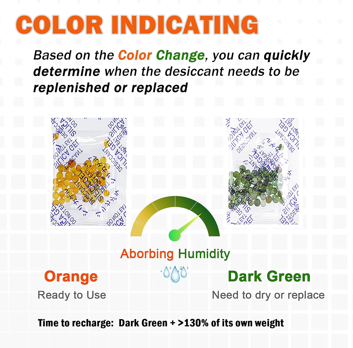 Zekroh 50 Gram [24 Packets] Premium Orange Indicating Silica Gel Desiccant Beads, Reusable Premium Silica Gel Packets, Moisture Absorbers for Control Absorbing for Electronics, Camera, Food, Spices (2) image number 5