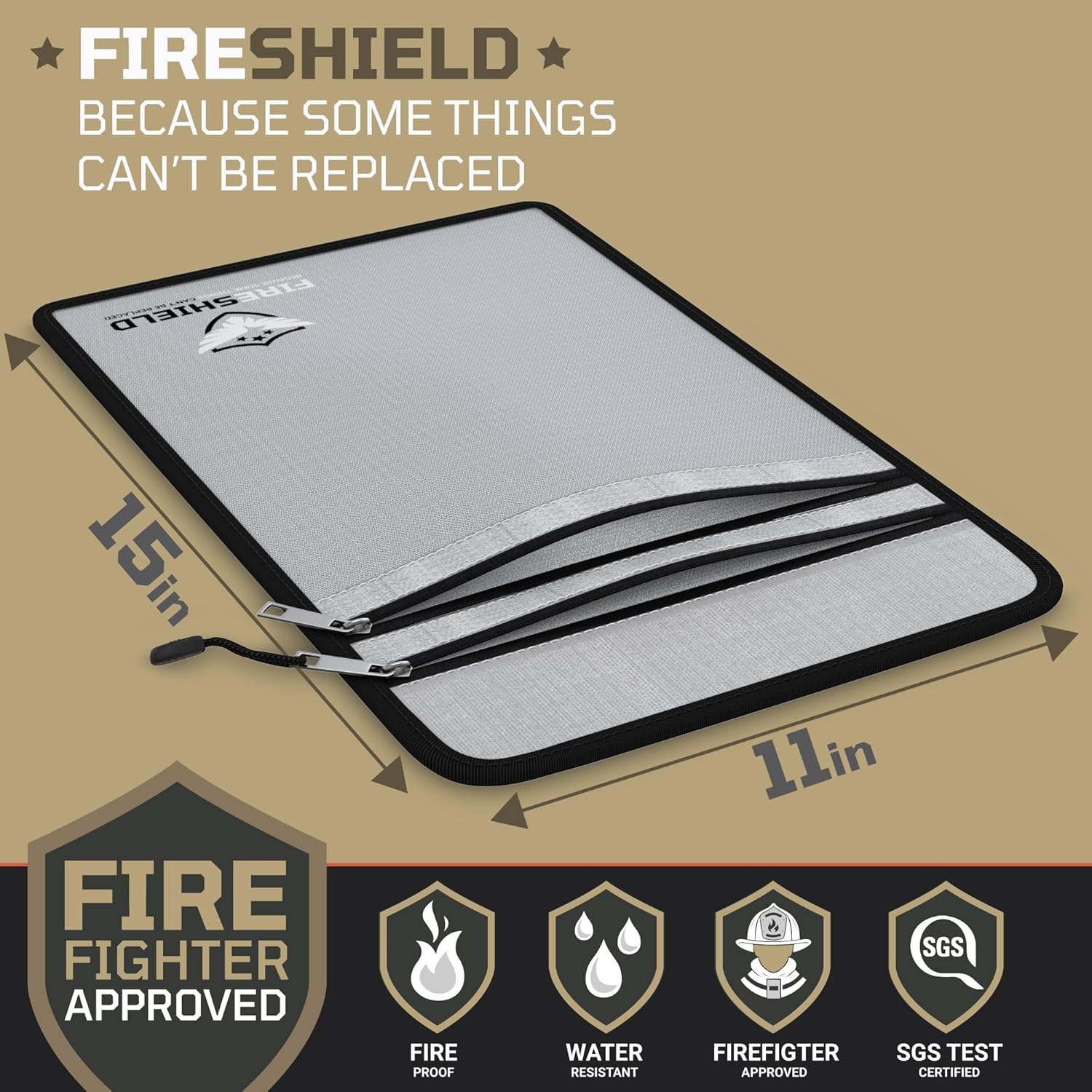 FIRESHIELD PRO Upgraded 2000&deg;F Fireproof Document Bag W/ Dual Pockets &ndash; Fire & Waterproof Money Pouch for Cash &ndash; Safe Storage for Family Photos, Jewelry, Passport & Important Documents &ndash; 15" X 11" image number 4