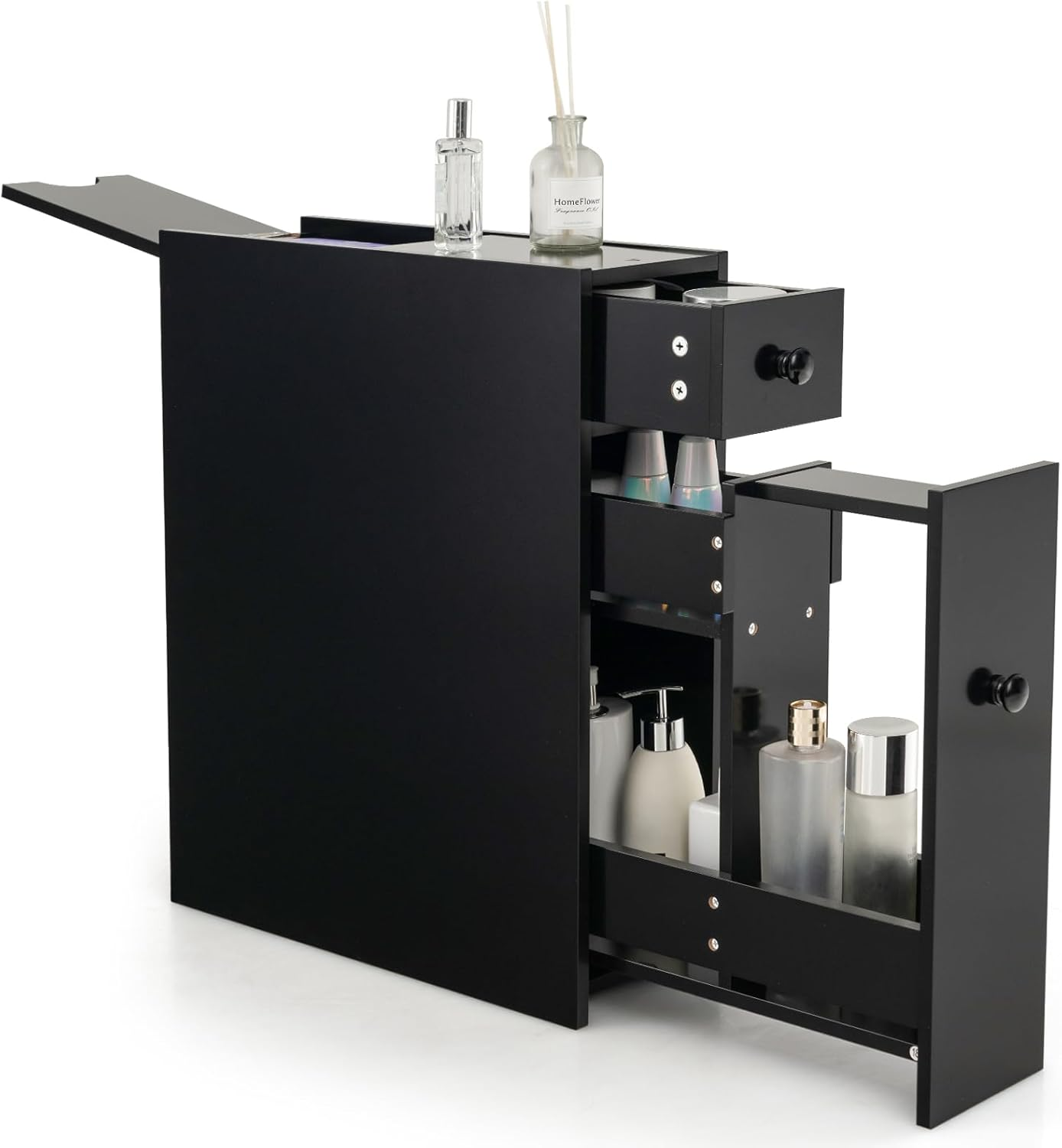 Giantex Slim Bathroom Cabinet, Freestanding Storage Cabinet, Toilet Paper Holder, Side Cabinet Storage Unit W/Pull-Out Drawer & Shelf for Narrow Space Bathroom Living Room Kitchen (Black) image number 3