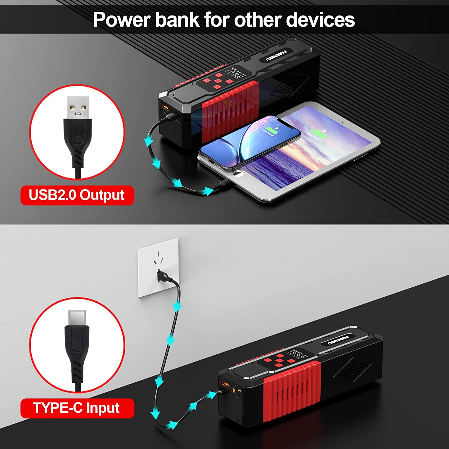 FOWAWU Car Tyre Inflator 150PSI 7800Mah,Portable Air Compressor Tire Inflator Electric Bike Pump with LED Flashlight DC 12V,Car Tyre Pump for Bike Motorcycle Ball Smart Digital Air Pressure Detection image number 3