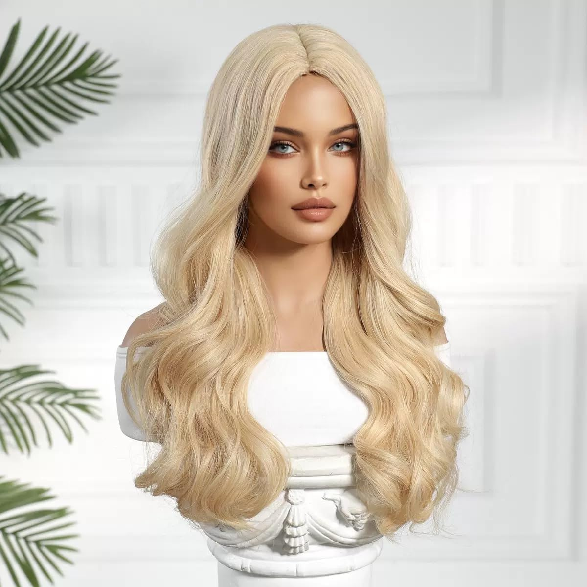 Long Natural Wave Wavy Blonde Synthetic Wigs for Women, Heat Resistant Fibre, Natural Looking with Middle Part image number 5