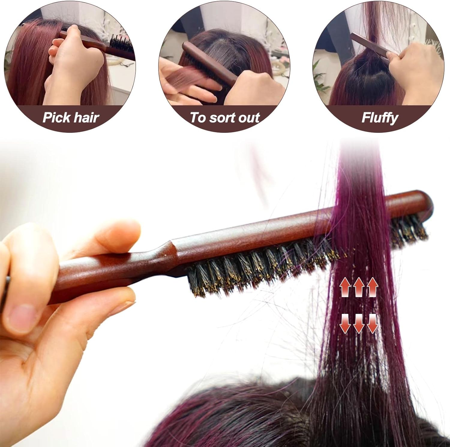 Sularpek Teasing Hair Brush,Back Hair Brush,Boar Bristle Hair Brush with Tail Handle,For Long Thick Curly Wavy Dry or Damaged Hair Reducing Hair Breakage image number 3