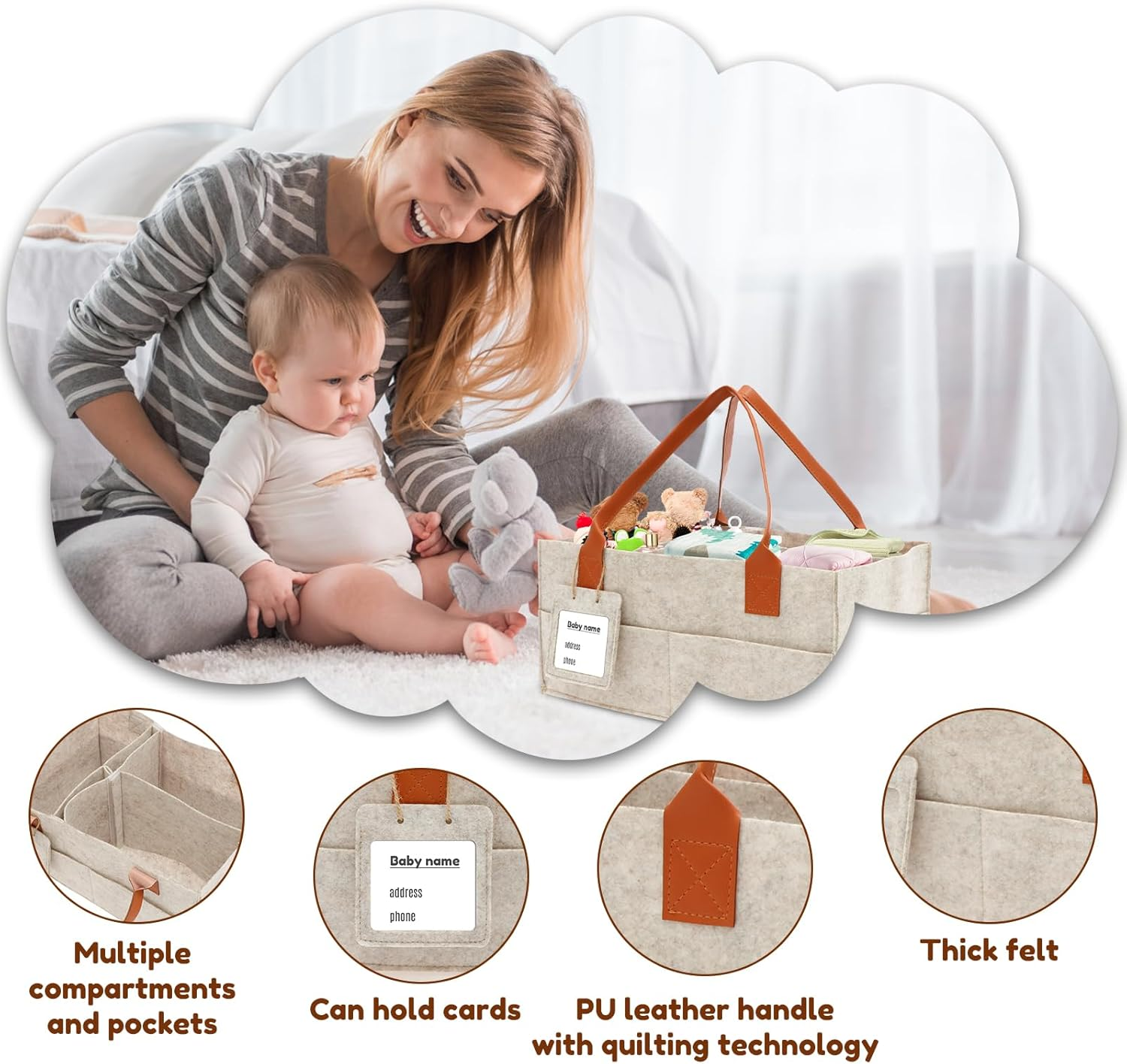 Baby Diaper Caddy Organizer, Nursery Storage Basket for Newborn Essentials Portable Thickened Felt Baby Diaper Caddy with PU Leather Handle Multiple Compartment for Home Outdoor New Parent image number 1