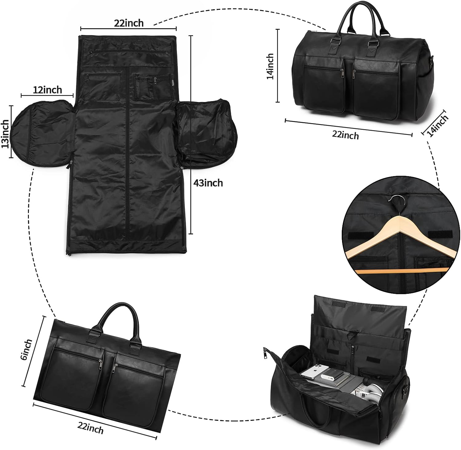 Convertible Travel Garment Bag,Carry on Garment Duffel Bag for Men Women - 2 in 1 Hanging Suitcase Suit Business Travel Bag, Black - Backpack Black image number 2