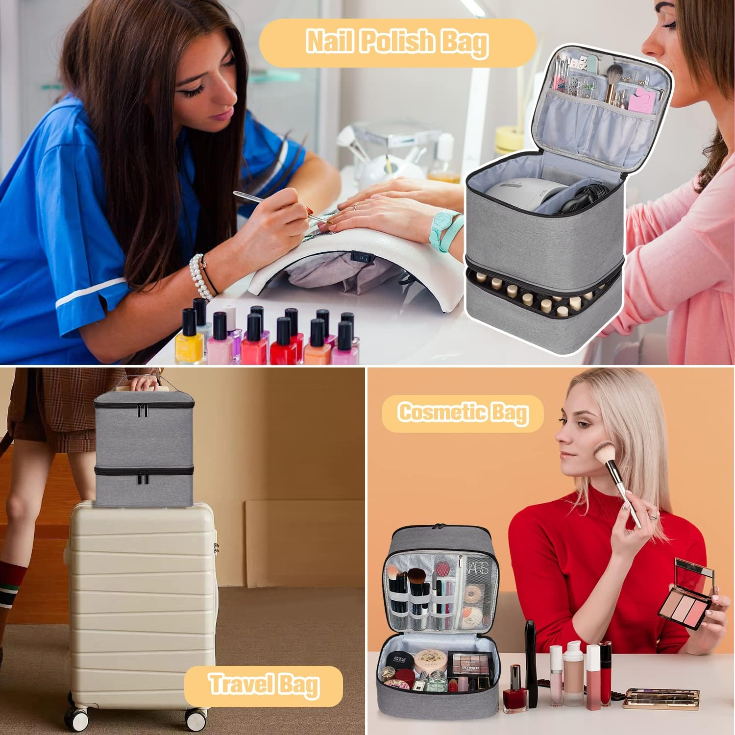 TDIFFUN Nail Polish Organizer and Nail Dryer Case, Double-Layer Storage Holds 30 Bottles (15Ml/0.5 Fl.Oz) and 1 Led Nail Lamp, Travel Carrying Case for Nail Polish Kit Set (Grey) - Purple image number 6