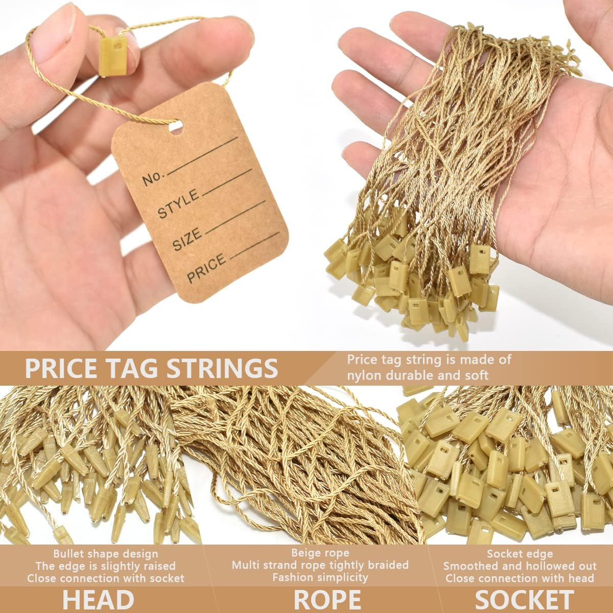 1000 Pcs 7 Inch Hang Tag String and Price Tags, Store Clothing Unstrung Coupon with Nylon String Snap Lock Pin Loop Fastener Hook Ties for Clothes Retail Store (Brown) - Brown image number 2