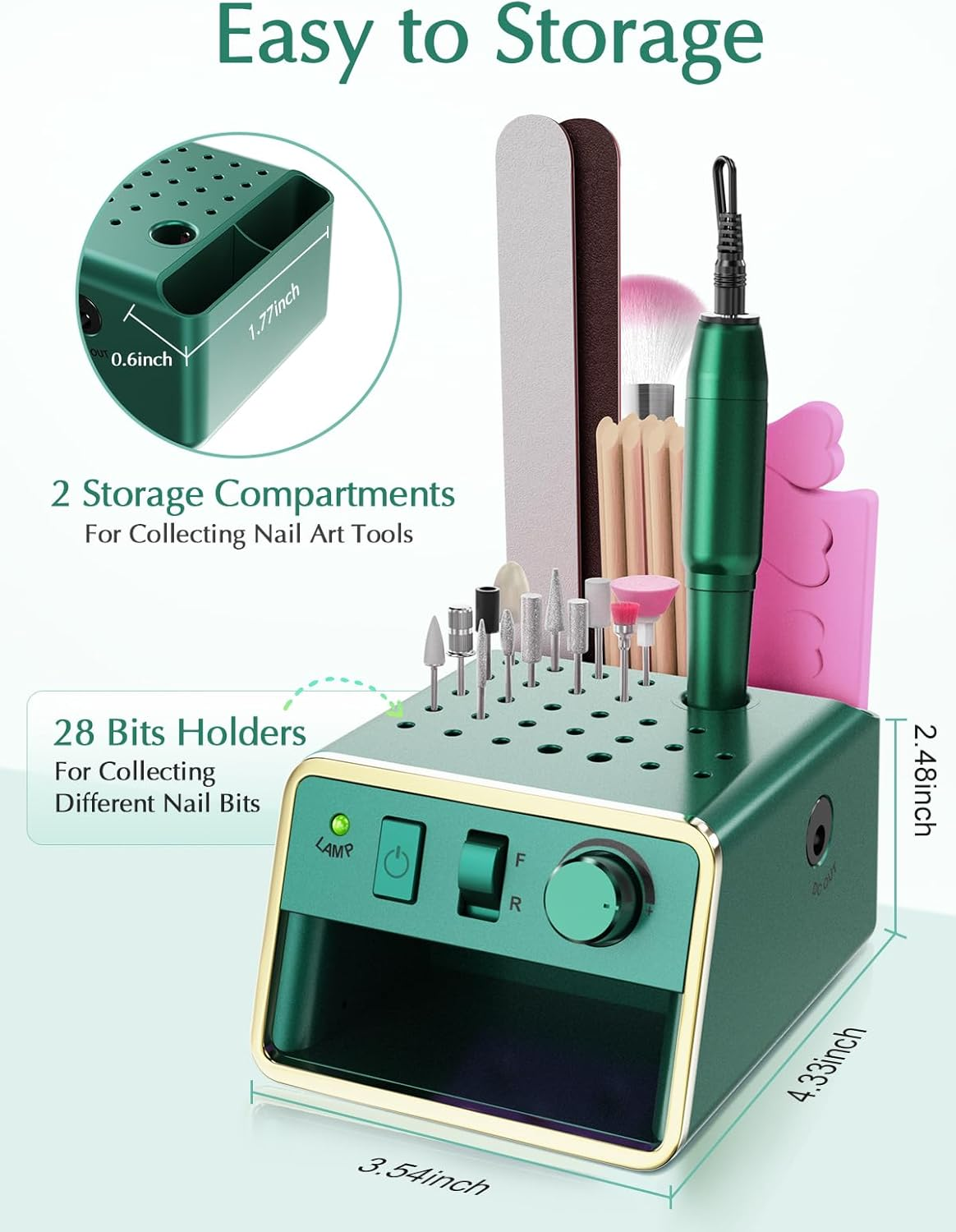 Beloving Nail Drill Machine, 20000 RPM Electric Nail Drill for Acrylic Gel Nails, Portable Professional Electric Nail File Tools with 100PCS Sanding Bands and 6 Nail Drill Bits - Green image number 3