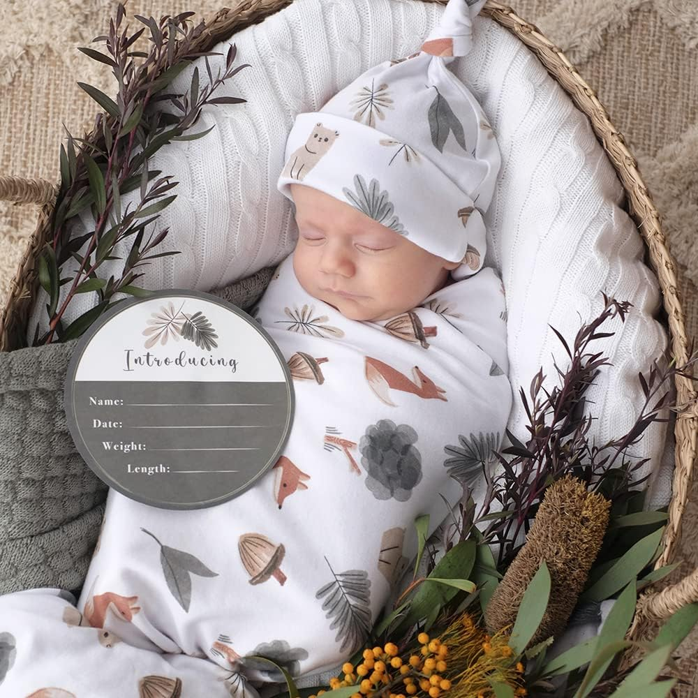 Living Textiles Hello World Newborn Gift Set &ndash; Forest Retreat |Premium Fabric for Baby'S Best Comfort, 3-Piece Set: Swaddle, Beanie & Birth Announcement Card | 100% Cotton Jersey & Machine Washable image number 1
