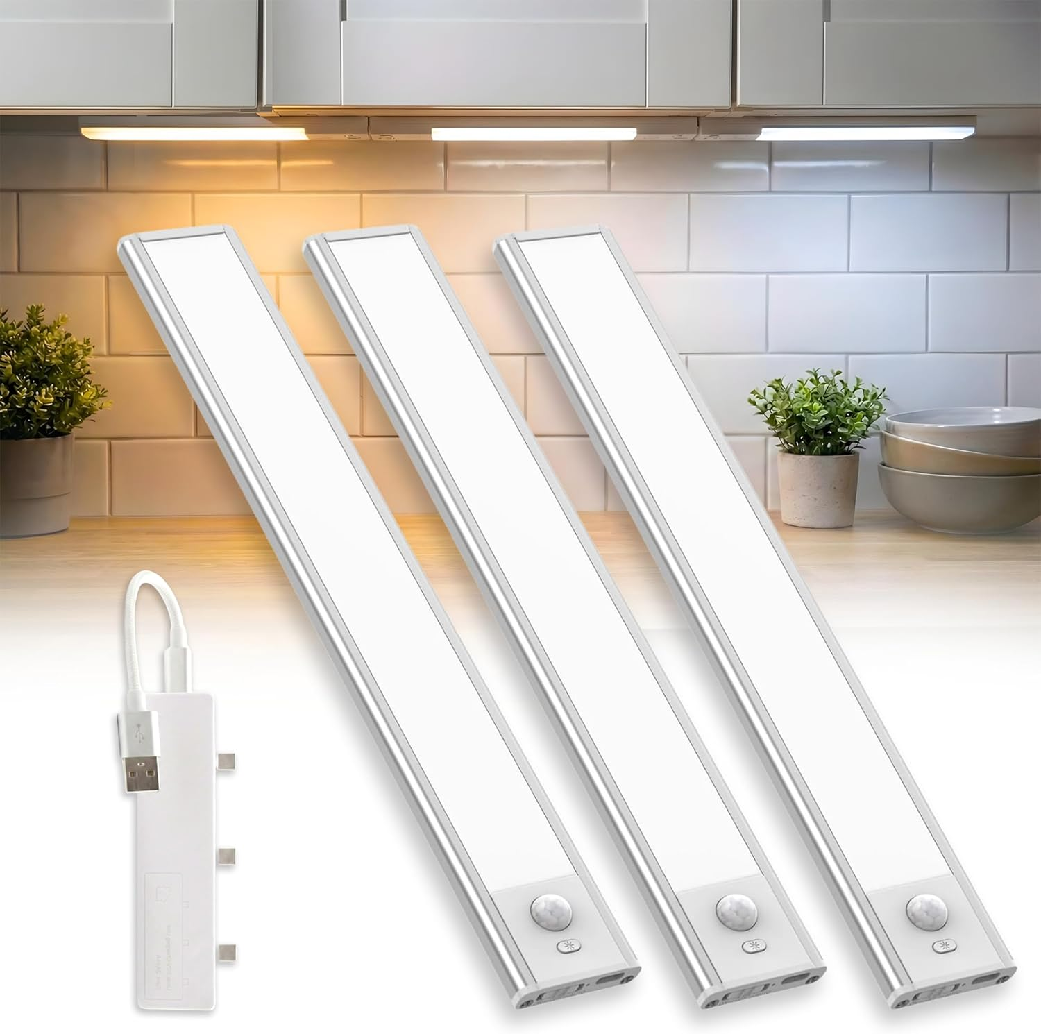 Operley Rechargeable under Cabinet Lighting 3 Pack with Charging Station, Motion Sensor LED Light Bars,1200Mah, 3 Color Temps Warm Cold Natural, Dimmable for Kitchen & Closet image number 6