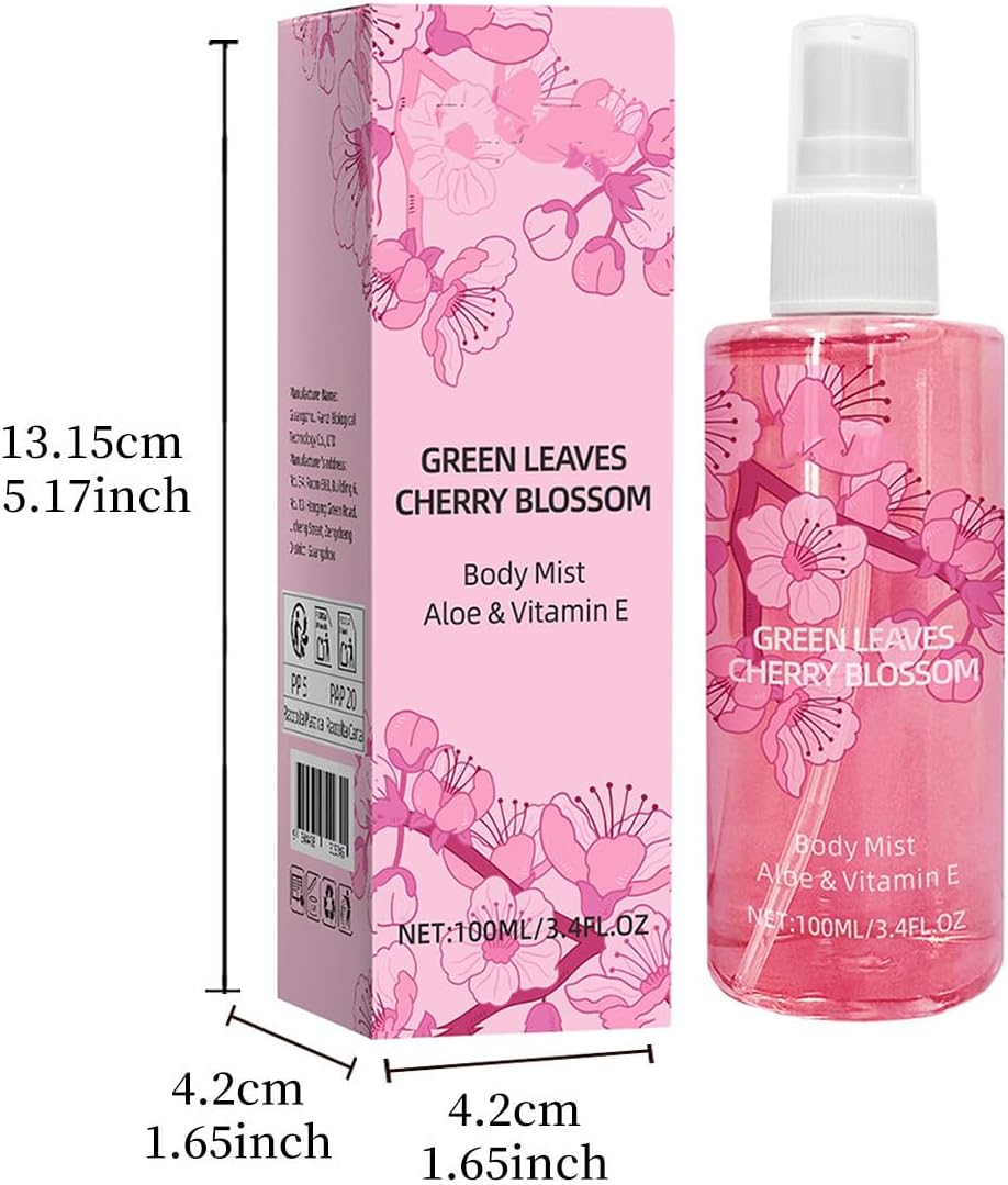 Green Leaves & Cherry Blossom Eau De Parfum 3.40 Ounce /100Ml | Alcohol-Free Floral Perfume Spray for Women | Refreshing Spring Scent with Aloe | Long Lasting Fragrance