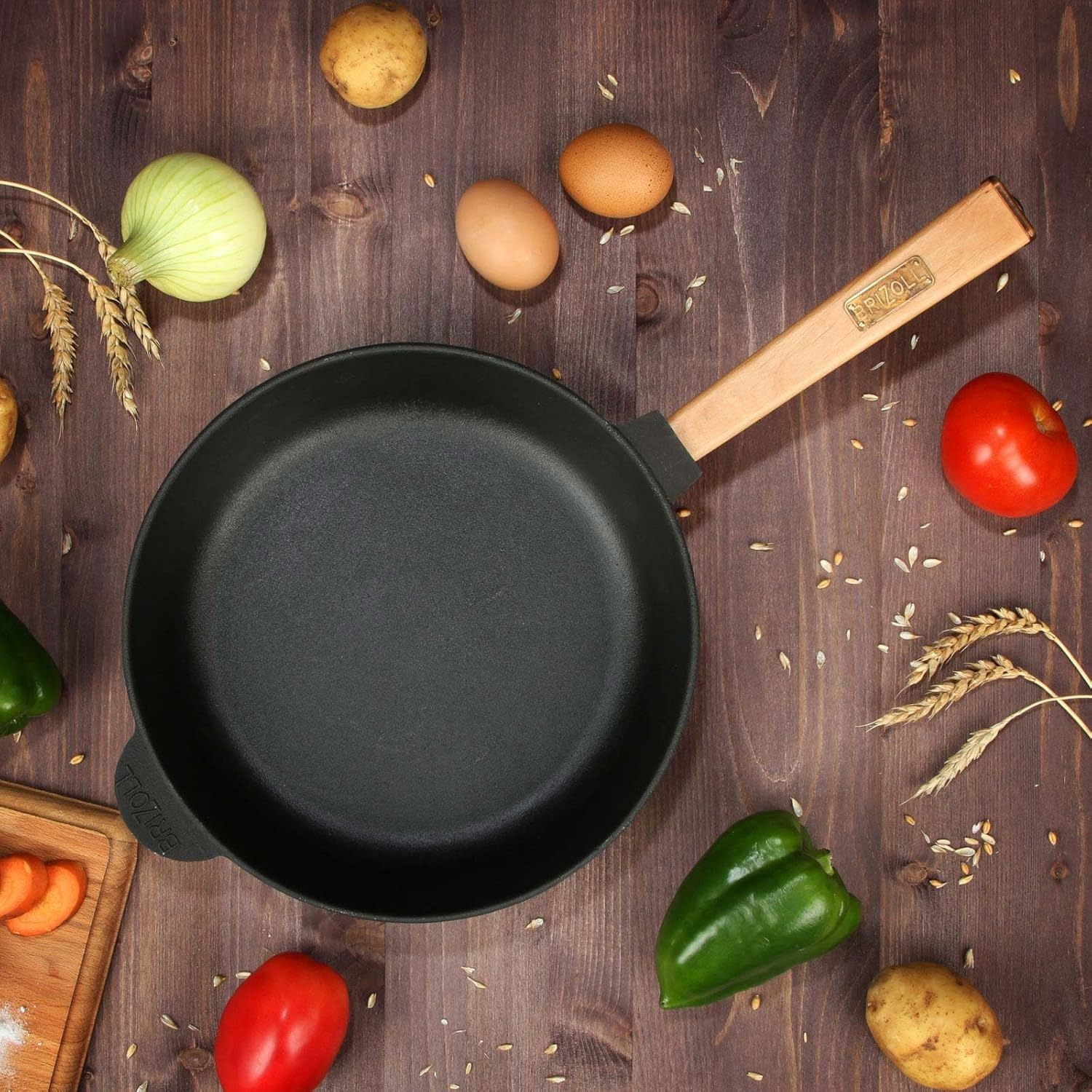 4Big.Fun Cast Iron Pan Diameter 24 Cm with Wooden Handle Removable 62 Mm High Cast Iron Frying Pan Steak Pan Cast Iron Pan Fire Pan Gas Grill Oven Fire Pit All Types of Cookers Induction image number 5