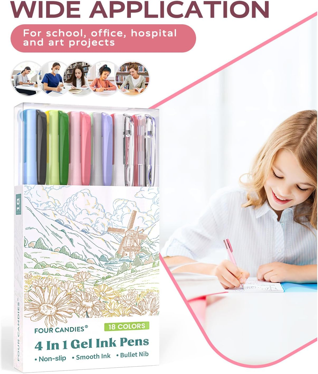 Four Candies 6 PCS Multicolor Pen, 0.5Mm Colored Pens, 4-In-1 Multicolor Ink Pens, 18 Colors Retractable Ink Pens for Office, School Supplies image number 1