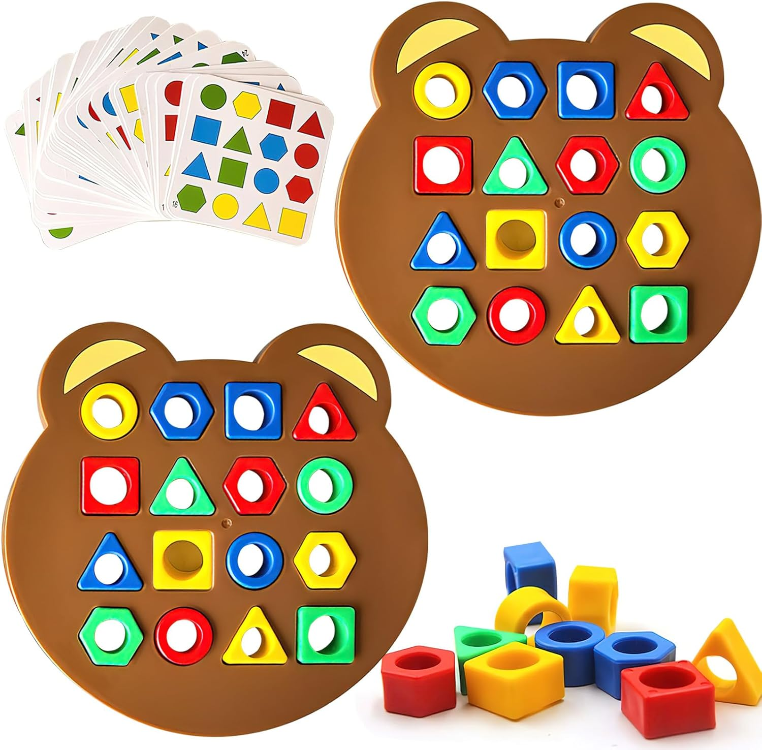 Shape Game: Shape Matching Puzzle, Montessori Toys, Sensory Learning Toy, 3+ Years, 2 Game Disks, 32 Matching Blocks, 30 Cards image number 3