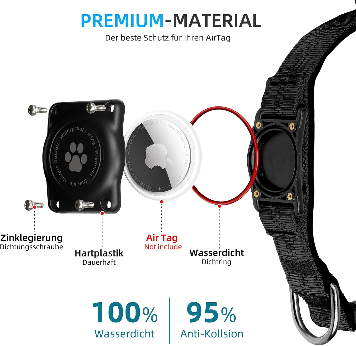 Airtag Dog Collar, IP68 Waterproof Integrated Apple Air Tag Holder Dog Collar with Airtag Holder, Reflective, Extra Durable, Dog Collars for Medium Large Dogs [Black, XL] image number 2