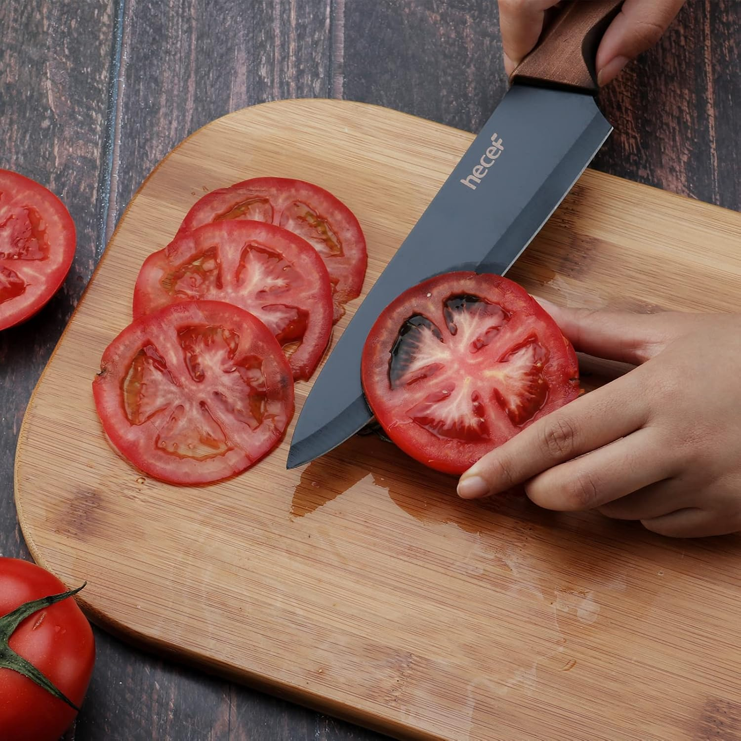 Hecef Kitchen Knife Sets Stainless Steel Non Stick Color Coating Blade Knives Includes 8'' Chef 8'' Bread 7'' Santoku 5''Utility and 3.5'' Paring image number 2