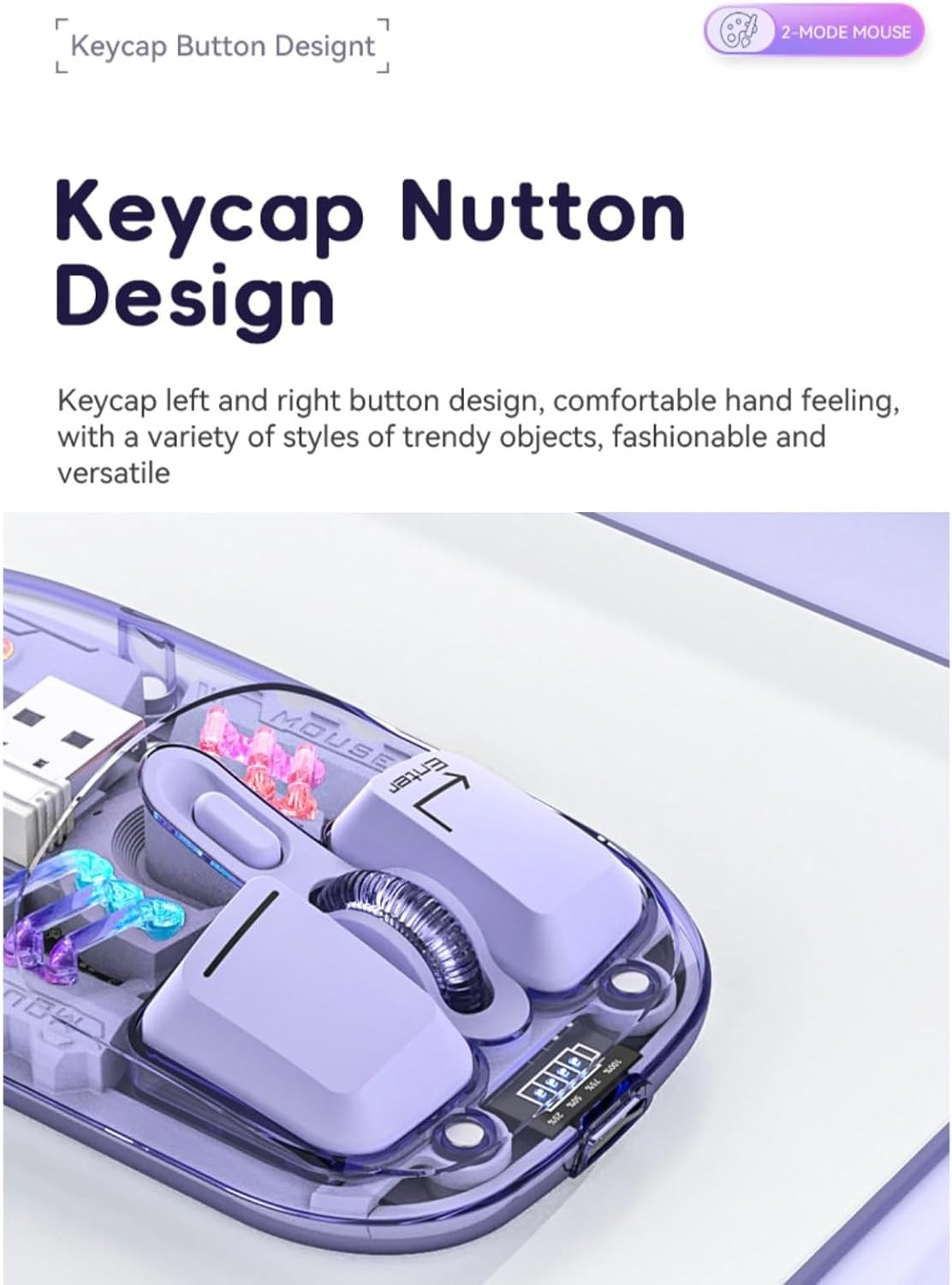 Cordless Gaming Mouse, 2.4G BT 5.0 2 Mode Optical Mouse, RGB Ultra Thin Rechargeable Computer Mice, Ergonomic Mouse for Laptop PC Tablet, Transparent (Purple) - Black image number 6