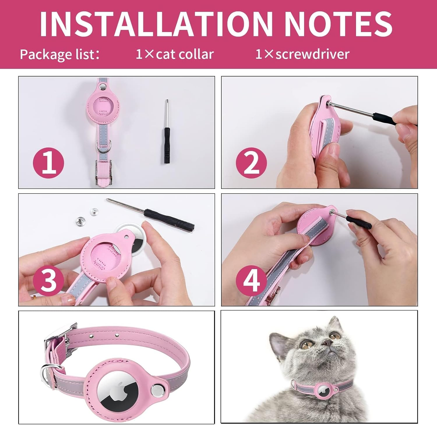 Airtag Cat Collar, Leather Airtag Collar Cat, Reflective Adjustable GPS Cat Collar Airtag Case for Tracking Cat Anti-Loss, Airtag Cat for Large/Medium/Small Cat (XS, Purple) image number 1