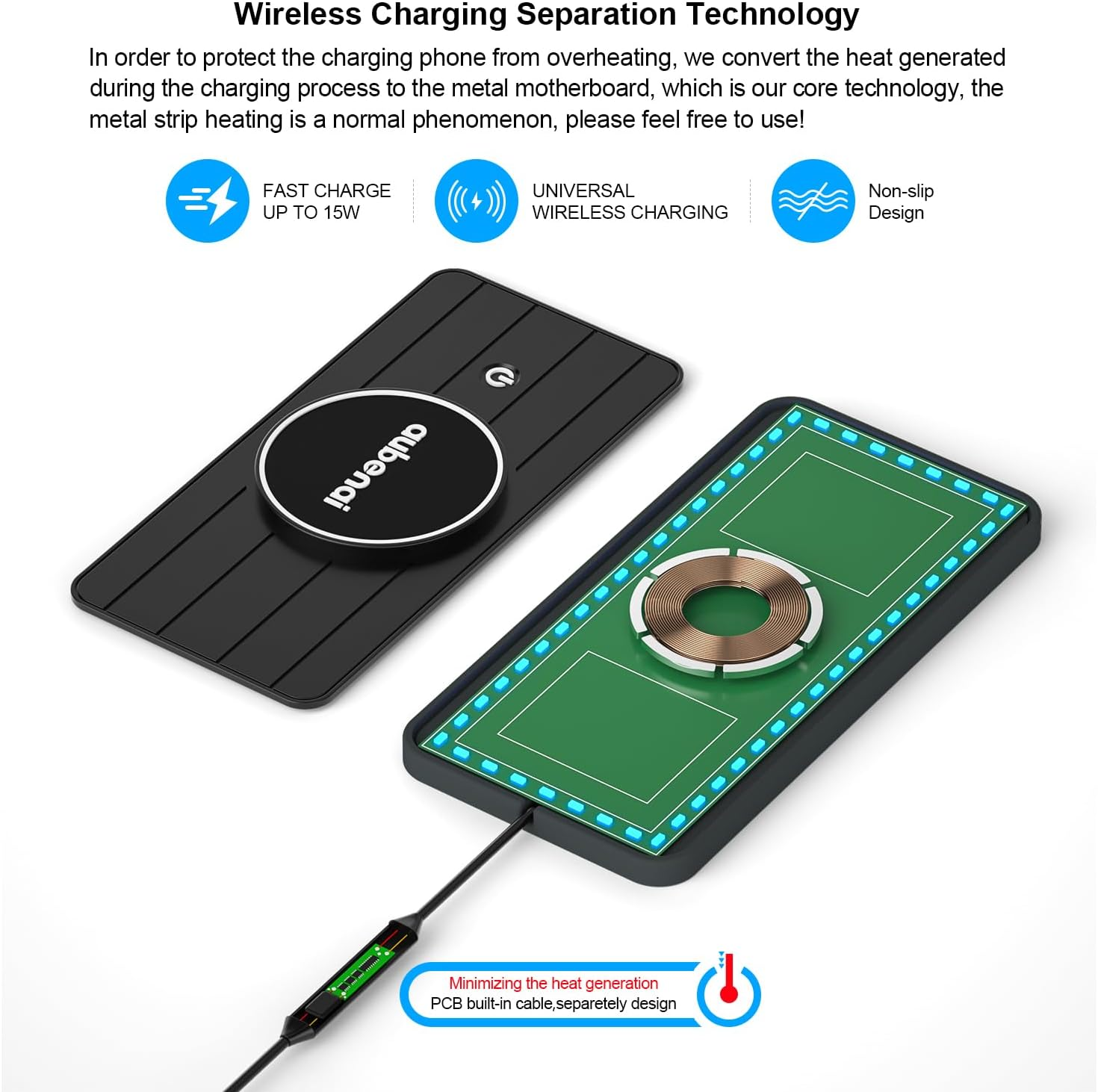 Magnetic Wireless Car Charger Pad, Aubenai 15W RGB Fast Wireless Charging Pad Non Slip Charging Mat with 70Cm Extension Cable Compatible with Magsafe Charger Iphone 16 15 14 13 12 (Extension USB-A) image number 6