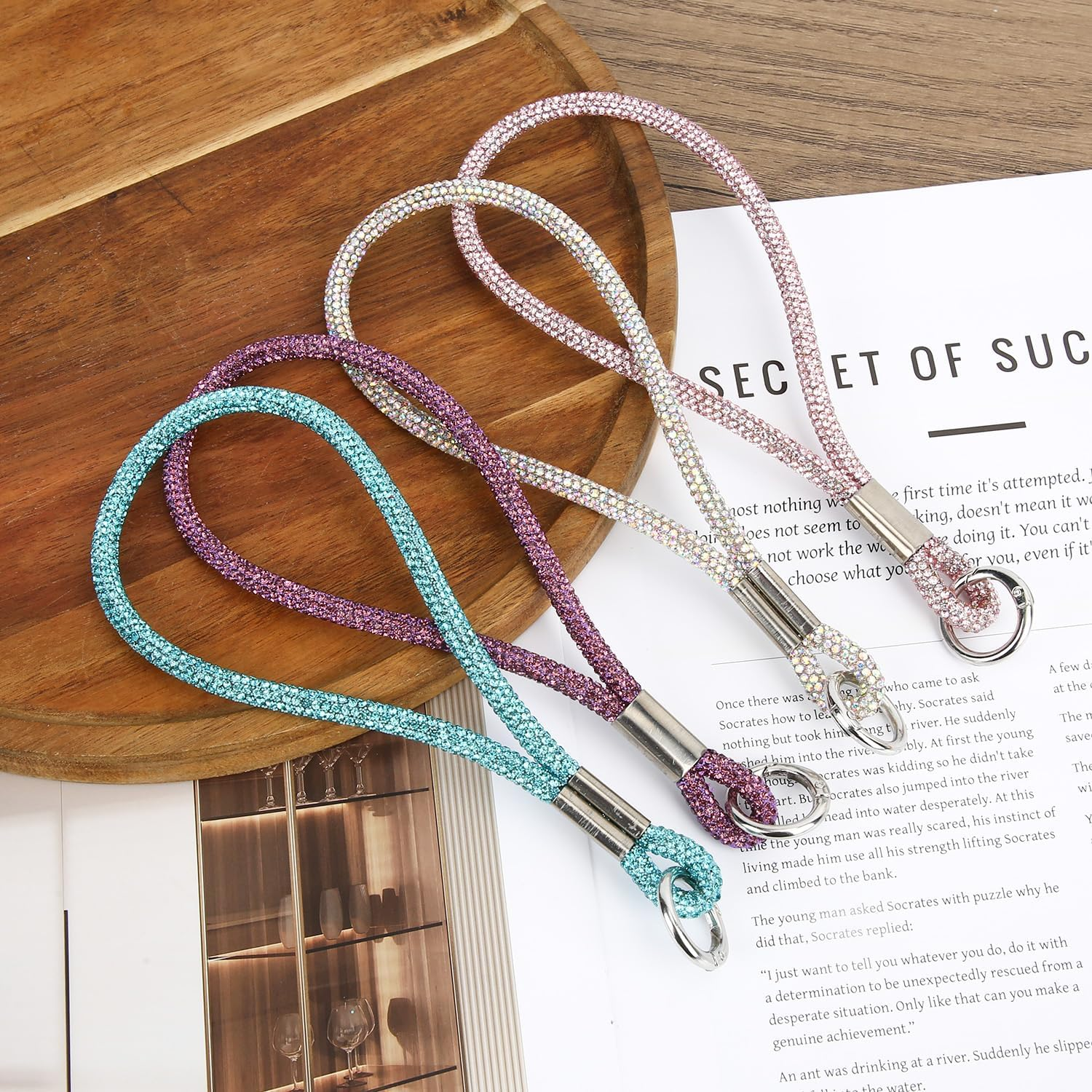 BOXOB 4Pcs Rhinestone Phone Wrist Strap, Bling Cellphone Lanyard Anti-Lost Moblie Phone Wristlet Holder with Tab Metal Keyring & Short Tether for Women Keys Purse (4 Colors) image number 4