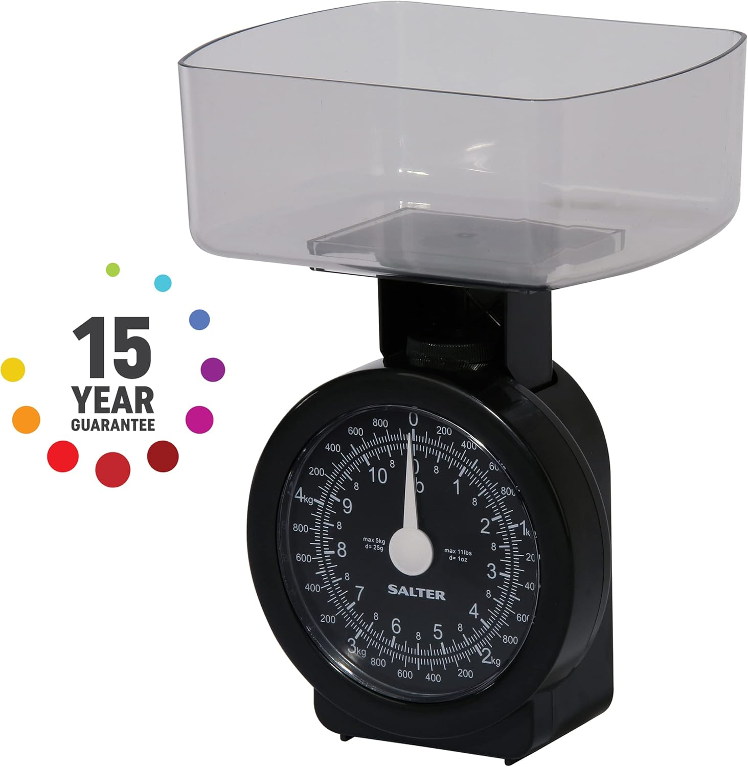 Salter Mechanical Kitchen Scale - Mini Analogue Food Scale, 5Kg Capacity, 1L Dishwasher Safe Detachable Bowl, No Batteries, Scale Fits inside Bowl for Compact Storage, Easy Read Dial, 114 BKCLDR image number 1