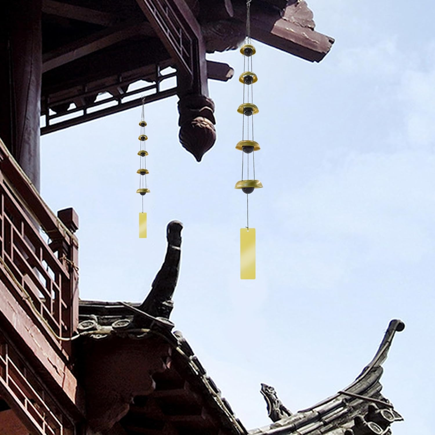 Mrmrkura Copper Wind Chimes for Outside, Temple Wind Chimes with 5 Bells Feng Shui Wind Bell Pendent Memorial Windchimes for Home Garden Patio Backyard Decor (Brass)